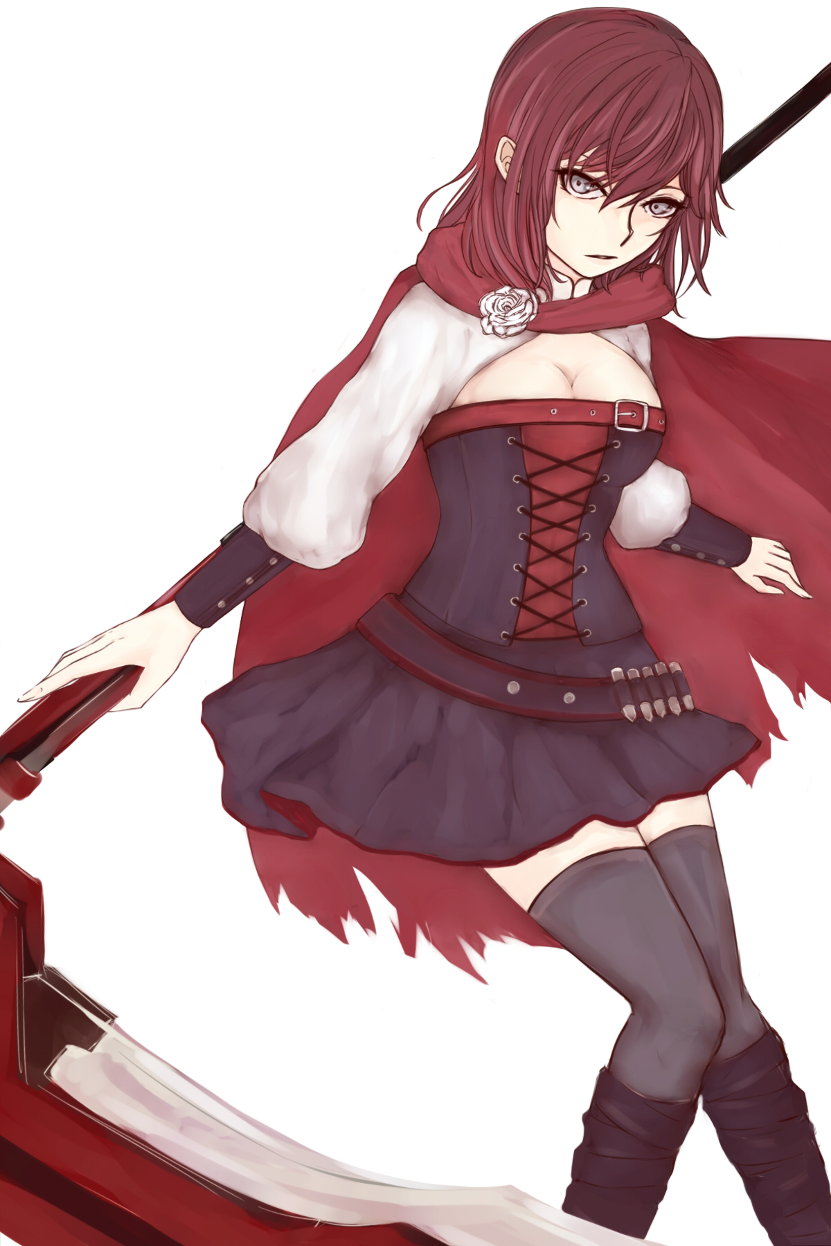 shio (k-193), ruby rose, rwby, commentary, english commentary, highres, 1girl, belt, black boots, black dress, black thighhighs, boots, breasts, buckle, cape, cleavage, corset, dress, flower, grey eyes, hair between eyes, holding, holding weapon, knee boots, long sleeves, looking at viewer, medium breasts, medium hair, miniskirt, polearm, puffy sleeves, red cape, red hair, rose, scythe, short hair, shrug (clothing), simple background, skirt, solo, standing, thighhighs, torn cape, torn clothes, weapon, white background, white flower, white rose, white shrug, zettai ryouiki