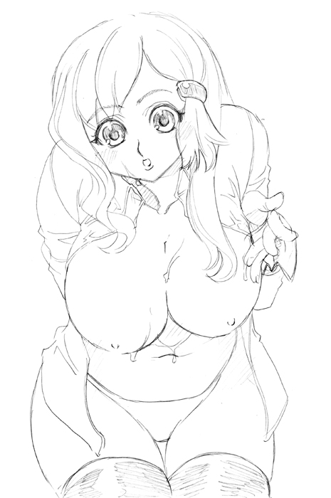 tsuutenkaaku, breasts, cum, greyscale, huge breasts, large breasts, monochrome, panties, sketch, solo, thighhighs, underwear