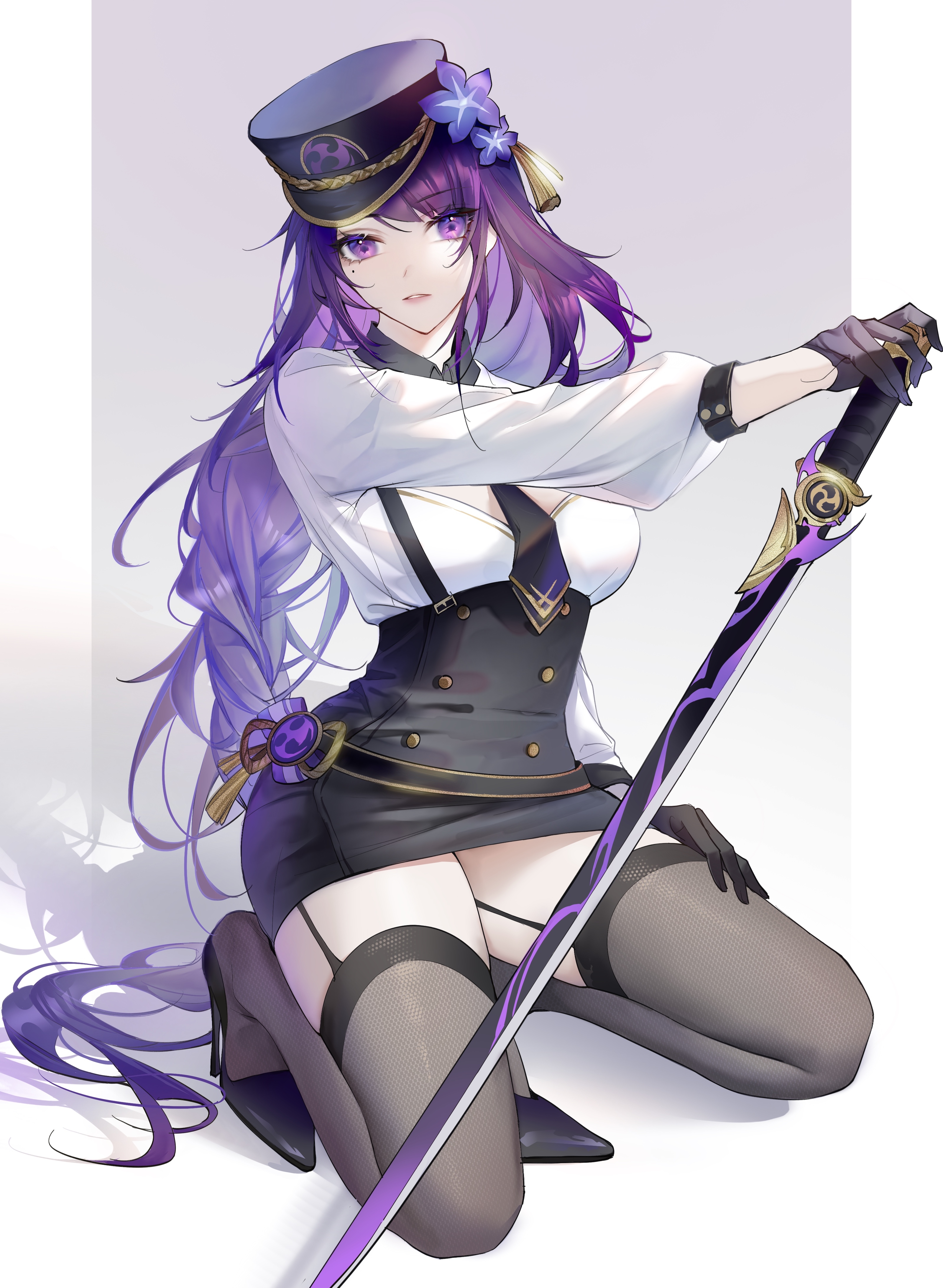 yin01582942, raiden shogun, genshin impact, absurdres, highres, 1girl, alternate costume, alternate hair ornament, alternate legwear, black gloves, black thighhighs, braid, fishnet thighhighs, fishnets, garter belt, gloves, hat, high heels, holding, holding sword, holding weapon, katana, long braid, long hair, looking at viewer, military hat, mole, mole under eye, purple eyes, purple hair, shadow, simple background, single braid, solo, squatting, sword, thighhighs, weapon, white background