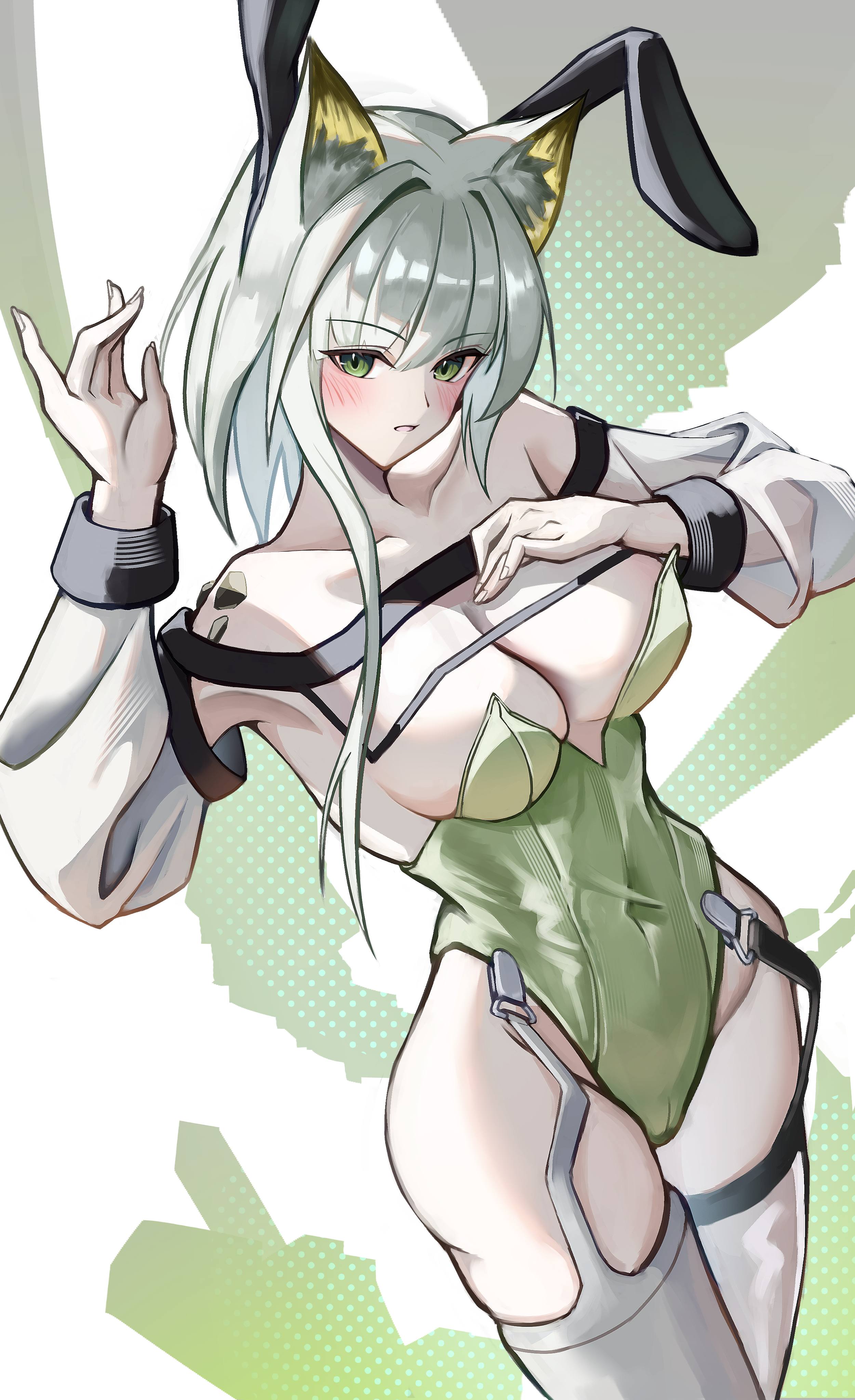 merry 051922, kal'tsit (arknights), arknights, absurdres, commentary, highres, 1girl, animal ear fluff, animal ears, arm up, bare shoulders, blush, breasts, cat ears, cat girl, cleavage, collarbone, covered navel, cowboy shot, detached sleeves, fake animal ears, garter straps, green background, green eyes, green leotard, hair between eyes, large breasts, leotard, long hair, looking at viewer, material growth, nail polish, oripathy lesion (arknights), parted lips, playboy bunny, sidelocks, simple background, solo, thighhighs, white nails, white sleeves, white thighhighs