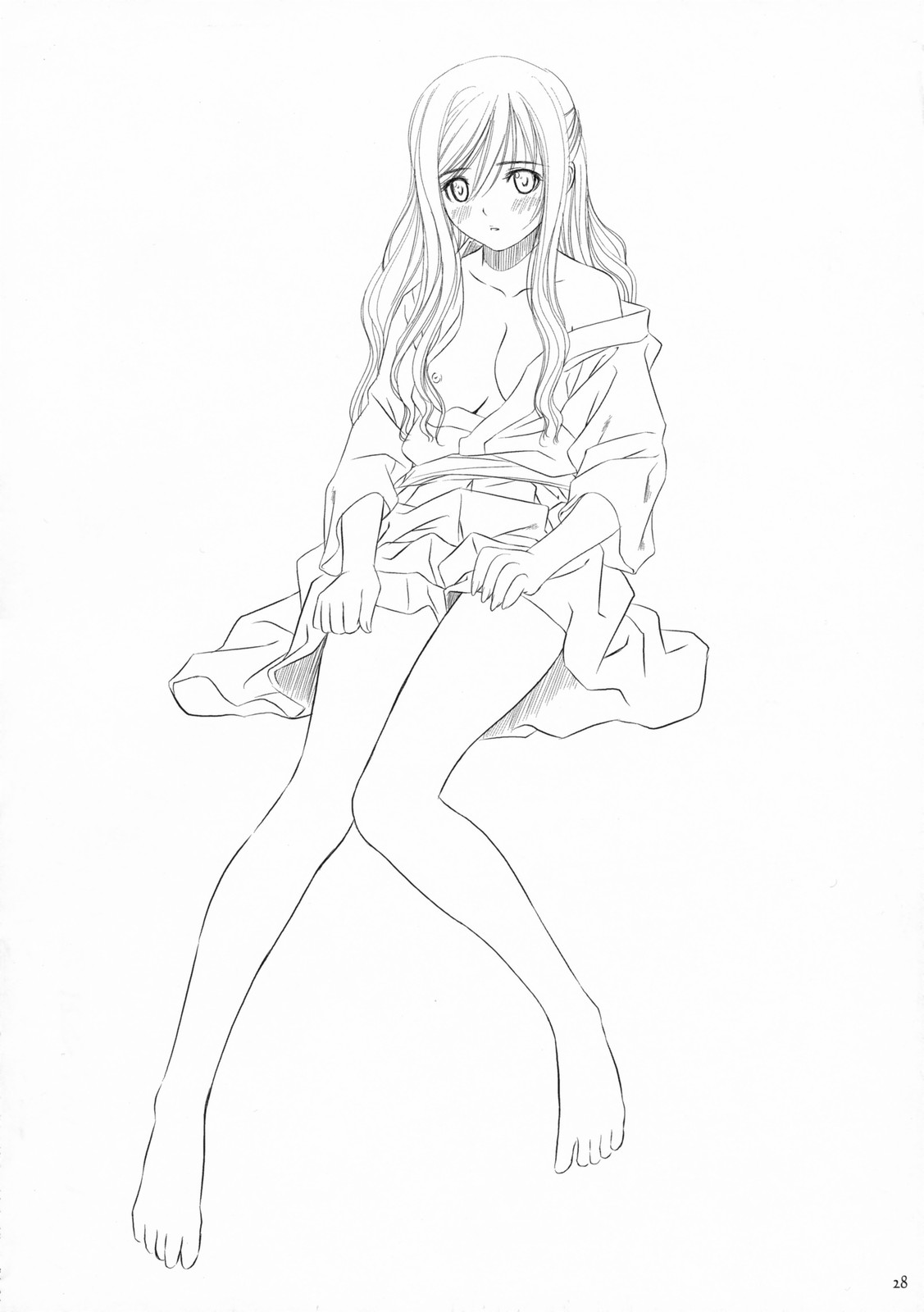 tony taka, miyazaki miyako, bamboo blade, highres, 00s, 1girl, barefoot, blush, breasts, clothes lift, clothes pull, feet, female focus, greyscale, hakama, hakama lift, hakama skirt, half updo, japanese clothes, large breasts, legs, long hair, monochrome, nipples, open clothes, shirt pull, skirt, solo
