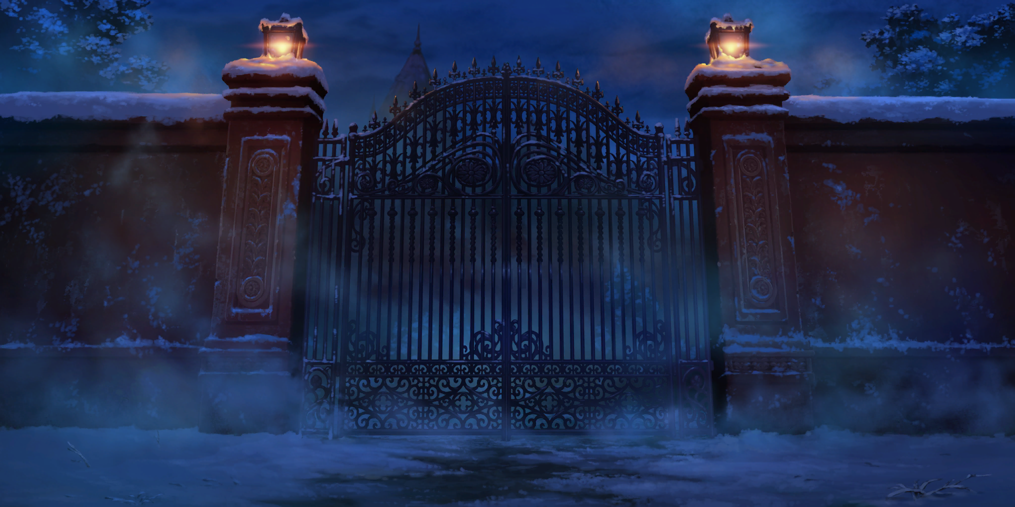 touhou, touhou lostword, artist request, game cg, highres, third-party source, fog, gate, lantern, night, night sky, no humans, outdoors, scarlet devil mansion, scenery, sky, snow