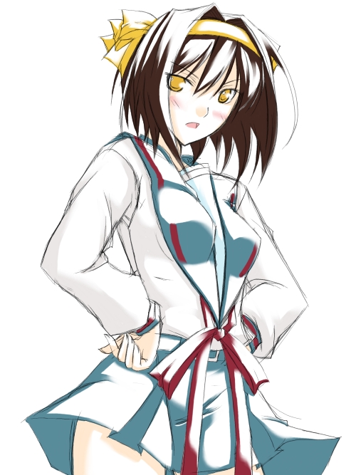 ribi, suzumiya haruhi, suzumiya haruhi no yuuutsu, 00s, 1girl, brown hair, cowboy shot, female focus, hands on own hips, headband, school uniform, serafuku, short hair, simple background, skirt, solo, white background, yellow eyes