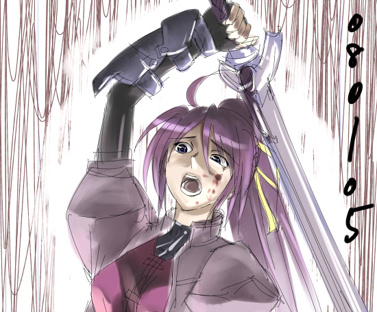 boshinote, laevatein (nanoha), signum, lyrical nanoha, mahou shoujo lyrical nanoha, mahou shoujo lyrical nanoha a's, 00s, 1girl, 2008, arm up, blood, crazy eyes, dated, female focus, fingerless gloves, gloves, long sleeves, magical girl, open mouth, pink hair, ponytail, solo, surprised, sword, unsheathed, weapon, wide-eyed