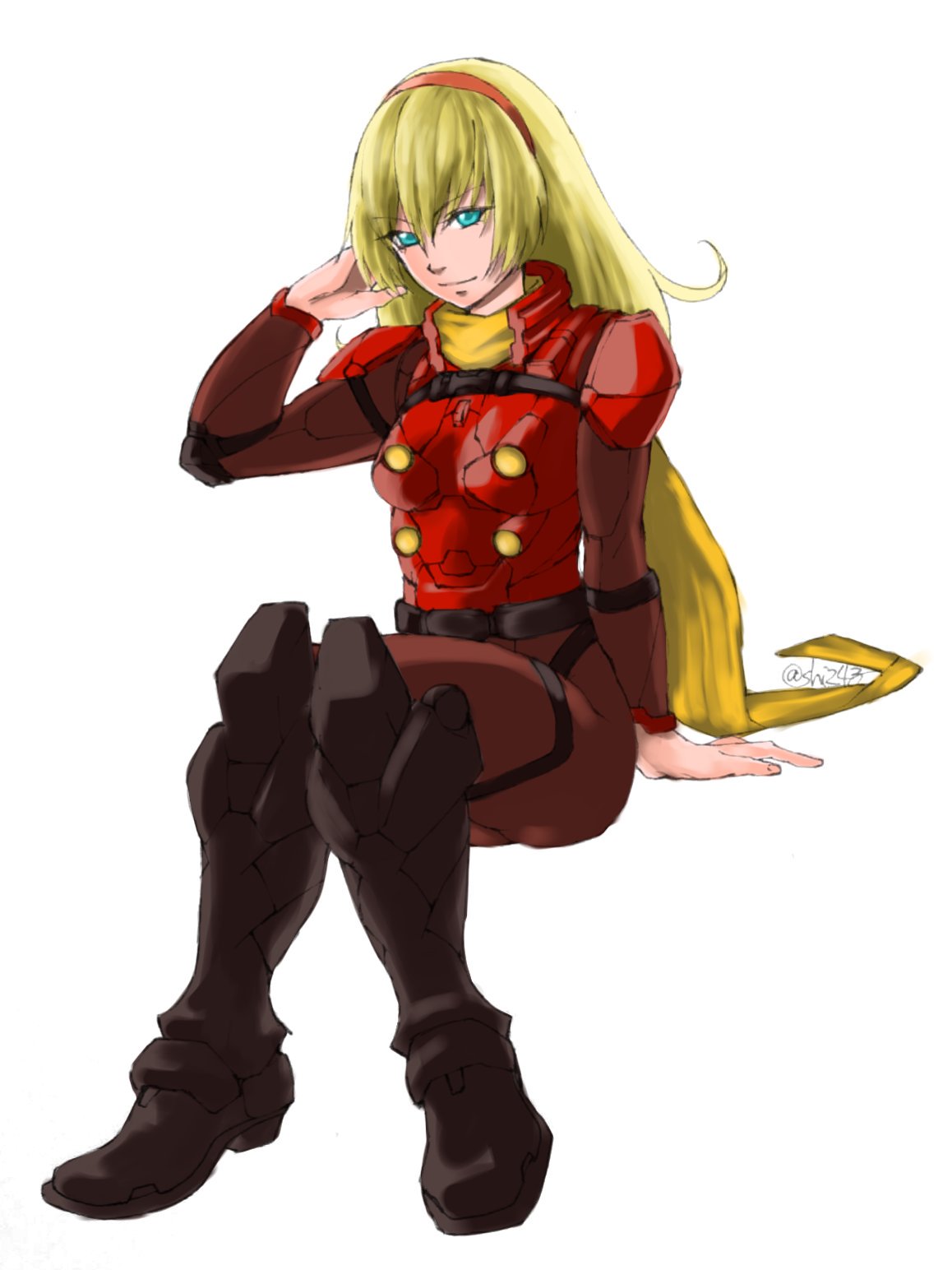 francoise arnoul, 009 re:cyborg, cyborg 009, highres, 1girl, blonde hair, blue eyes, bodysuit, brown bodysuit, closed mouth, full body, hairband, long hair, looking at viewer, red hairband, scarf, shi24, simple background, smile, solo, white background, yellow scarf