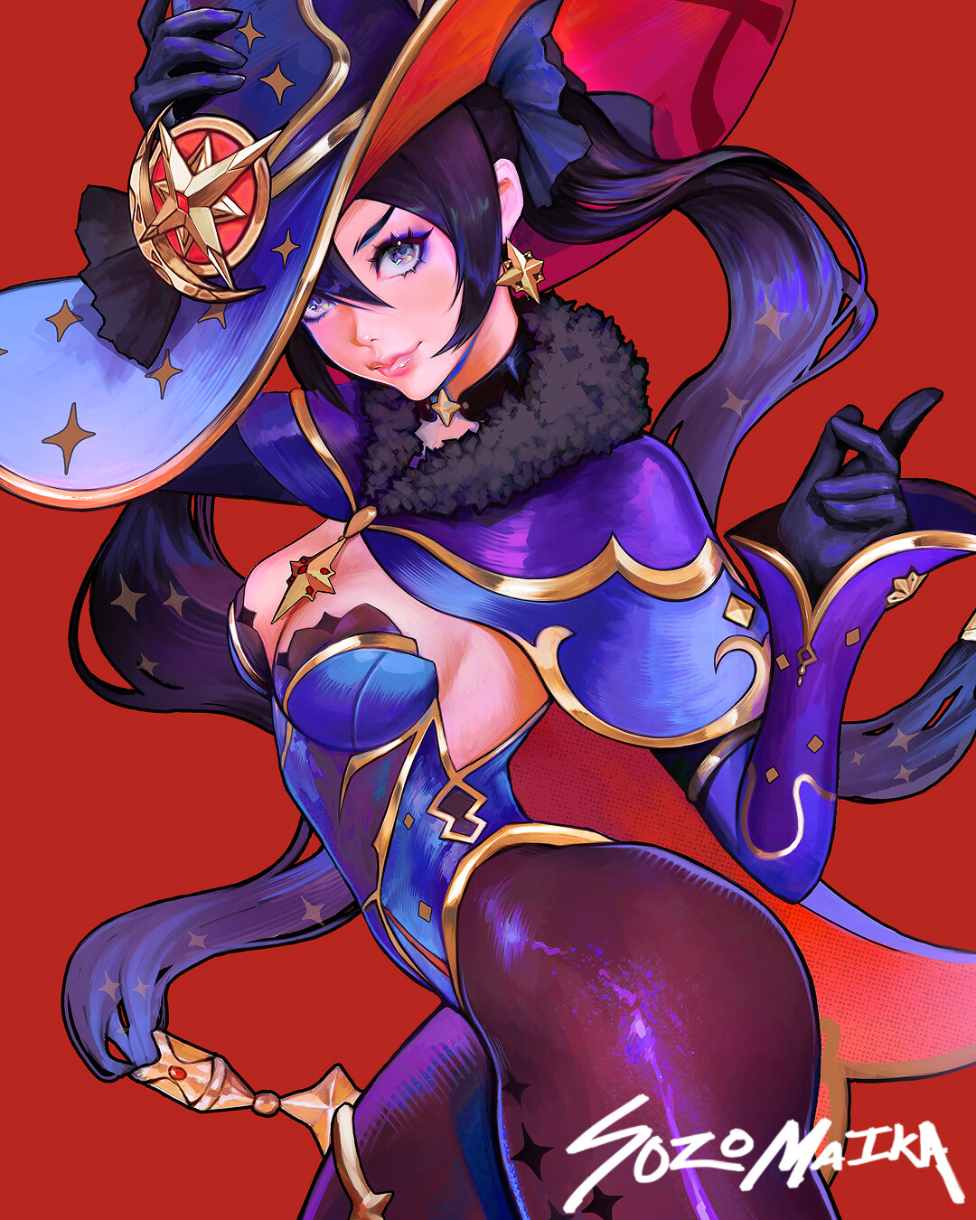 sozomaika, mona (genshin impact), genshin impact, highres, 1girl, artist name, breasts, earrings, gloves, hat, jewelry, long hair, looking at viewer, medium breasts, pantyhose, purple hair, red background, simple background, solo, star (symbol), star earrings, twintails, very long hair, witch hat