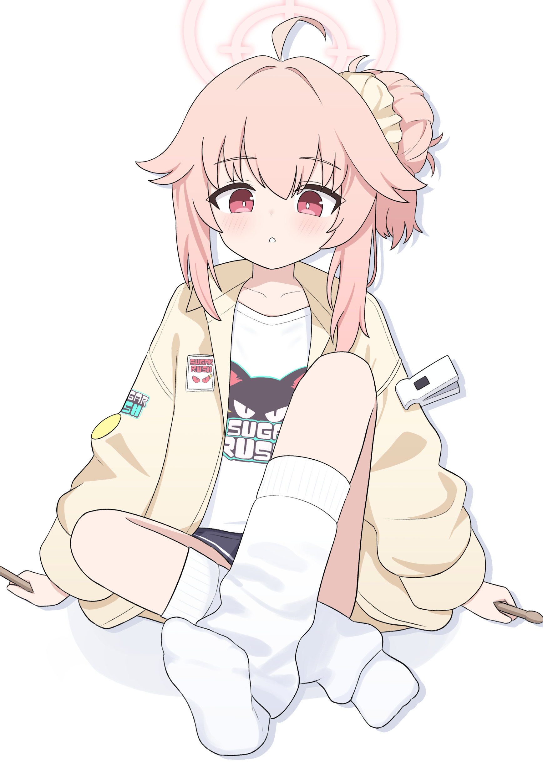 nisan ga6, natsu (band) (blue archive), natsu (blue archive), blue archive, absurdres, commentary, highres, 1girl, ahoge, black skirt, blush, bright pupils, collarbone, crossed legs, drop shadow, drumsticks, expressionless, feet, full body, hair between eyes, hair bun, hair ornament, hair scrunchie, halo, holding, holding drumsticks, jacket, knee up, logo print, long hair, long sleeves, looking at viewer, loose socks, miniskirt, no shoes, official alternate costume, open clothes, open jacket, parted lips, pink eyes, pink hair, pink halo, print shirt, scrunchie, shirt, simple background, sitting, skirt, socks, soles, solo, t-shirt, white background, white pupils, white shirt, white socks, yellow jacket, yellow scrunchie