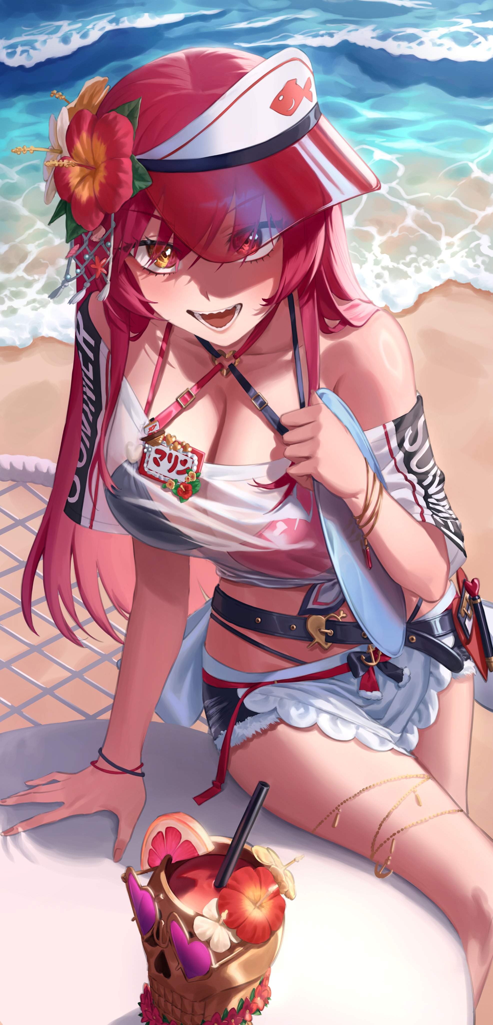 jeong jje, dokuro-kun (houshou marine), houshou marine, houshou marine (holonatsu paradise), hololive, holonatsu paradise, absurdres, highres, 1girl, beach, bikini, bikini under shorts, black bikini, blue sky, breasts, cleavage, criss-cross halter, day, flower, frayed shorts, hair flower, hair ornament, halterneck, heart, heart o-ring, heterochromia, highleg, highleg bikini, holding, holding tray, jewelry, large breasts, long hair, looking at viewer, maid, maid bikini, multi-strapped bikini top, multicolored bikini, o-ring, off-shoulder shirt, off shoulder, official alternate costume, open mouth, outdoors, red bikini, red eyes, red hair, see-through clothes, see-through shirt, shirt, sitting, sky, solo, swimsuit, t-shirt, thighlet, tied shirt, tray, two-tone bikini, unconventional maid, virtual youtuber, visor cap, white shirt, yellow eyes