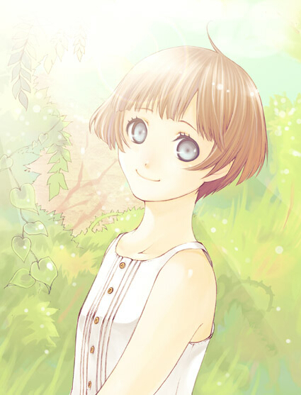 yokogiri midori, original, 1girl, blue eyes, brown hair, female focus, looking at viewer, nature, outdoors, short hair, sleeveless, smile, solo, upper body