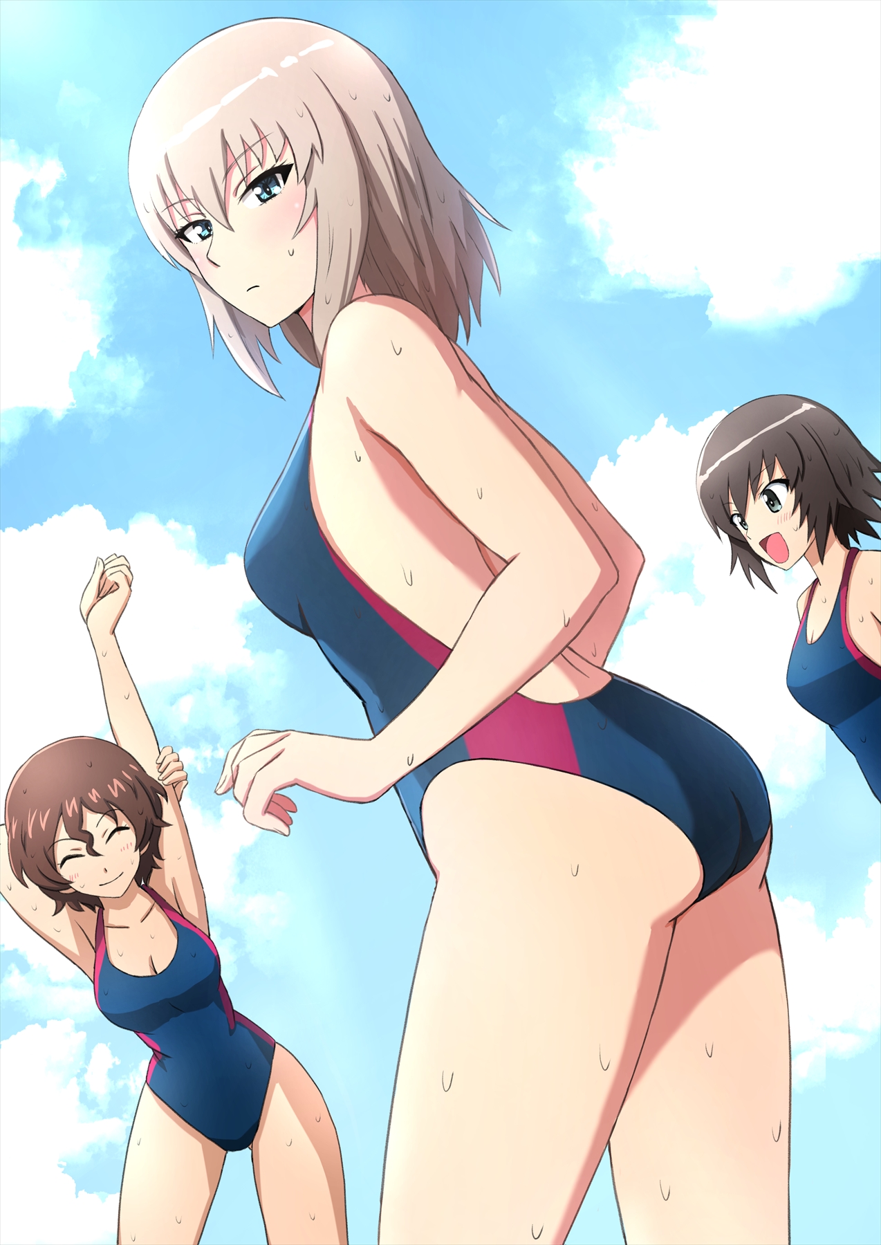 omachi (slabco), akaboshi koume, hida ema, itsumi erika, girls und panzer, commentary, highres, 3girls, ass, backless swimsuit, black hair, blue eyes, blue one-piece swimsuit, blue sky, blush, breasts, brown hair, closed eyes, closed mouth, cloud, cloudy sky, competition swimsuit, day, frown, grey hair, leaning forward, looking at another, looking at viewer, looking back, medium breasts, medium hair, multiple girls, one-piece swimsuit, outdoors, short hair, sky, smile, standing, stretching, sweat, swimsuit, wet