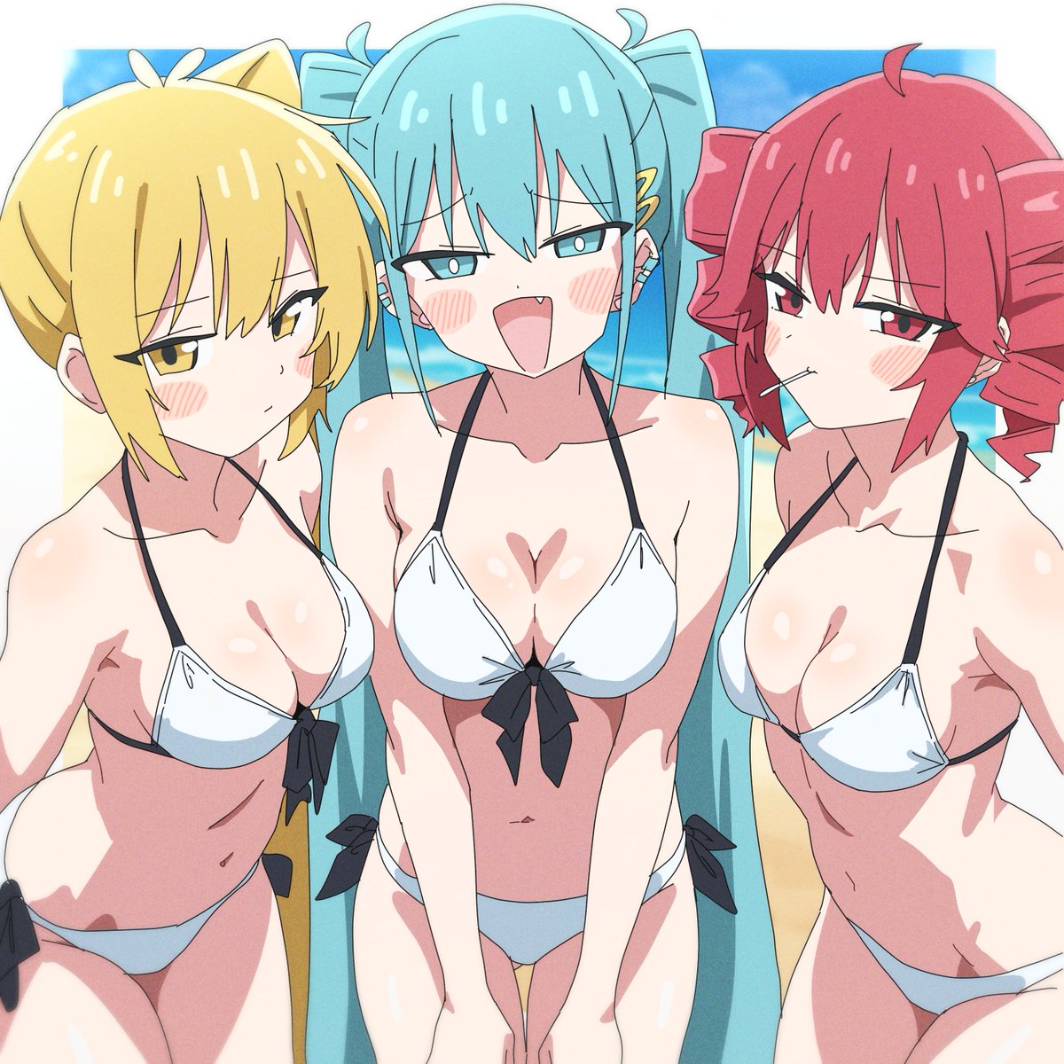 pan (ryu), akita neru, hatsune miku, kasane teto, triple baka (vocaloid), utau, vocaloid, zako (vocaloid), highres, 3girls, aqua eyes, aqua hair, bikini, blonde hair, blush, breasts, closed mouth, drill hair, earrings, jewelry, long hair, medium breasts, mouth hold, multiple girls, navel, open mouth, red eyes, red hair, smile, stomach, swimsuit, twin drills, twintails, white bikini, yellow eyes