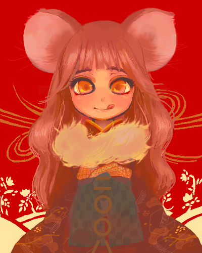 lowres, :p, animal ears, blush, brown hair, japanese clothes, kimono, licking, long hair, new year, oekaki, orange eyes, red background, solo, tongue, tongue out, wavy hair, yukata