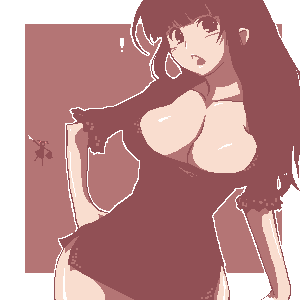 artist request, character request, lowres, blunt bangs, breasts, brown theme, cleavage, hand on own hip, holding, holding underwear, holding unworn clothes, huge breasts, jaggy lines, large breasts, monochrome, oekaki, outside border, panties, simple background, underwear, unworn panties, wide hips
