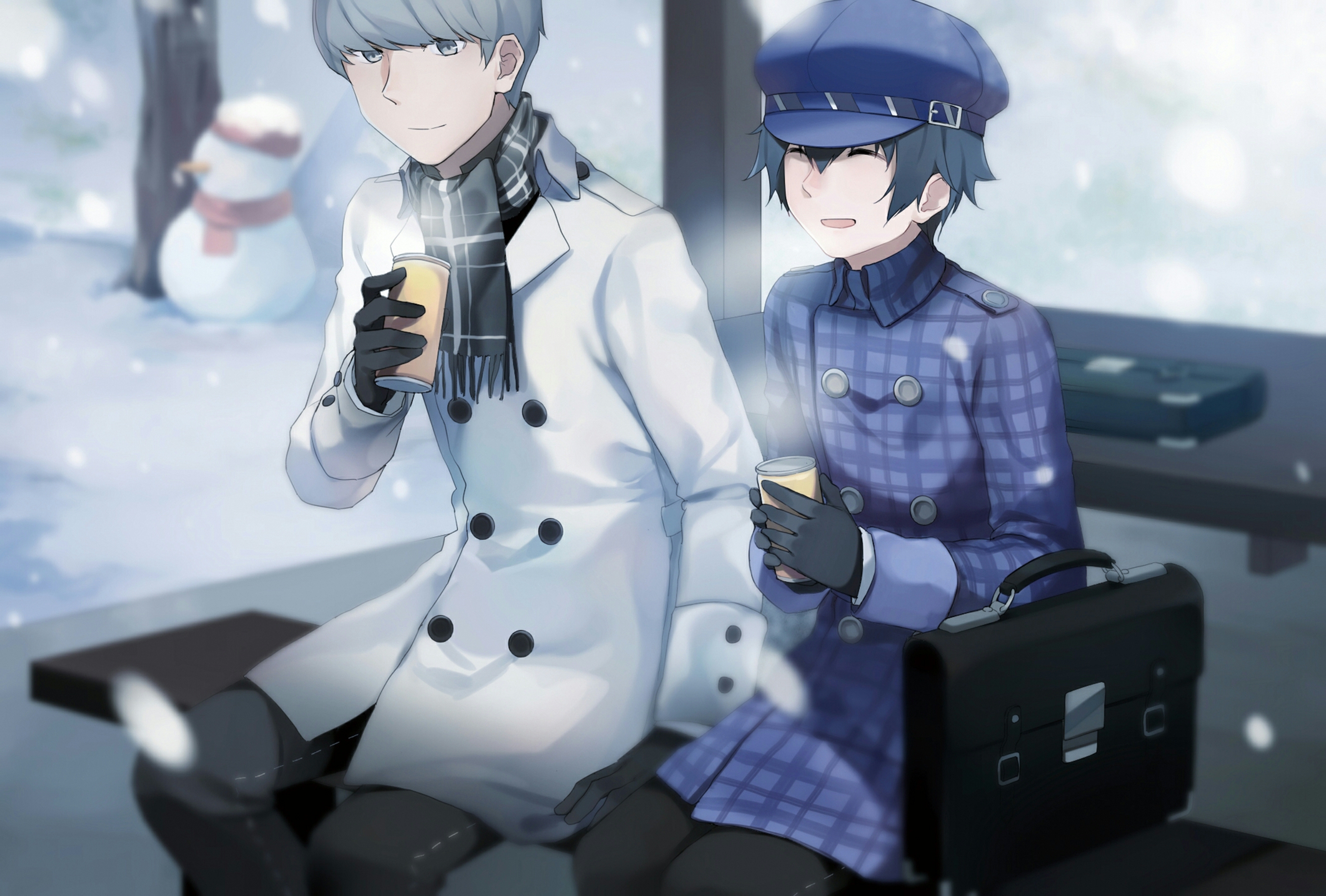 yft000, narukami yu, shirogane naoto, persona, persona 4, commentary request, highres, 1boy, 1girl, bag, black bag, black pants, blue coat, blue hair, blue hat, breath, buttons, closed eyes, closed mouth, coat, cup, disposable cup, green scarf, hat, holding, holding cup, long sleeves, looking at another, newsboy cap, official alternate costume, open mouth, outdoors, pants, scarf, school bag, short hair, sitting, smile, snow, snowing, snowman, white coat, winter clothes, winter coat