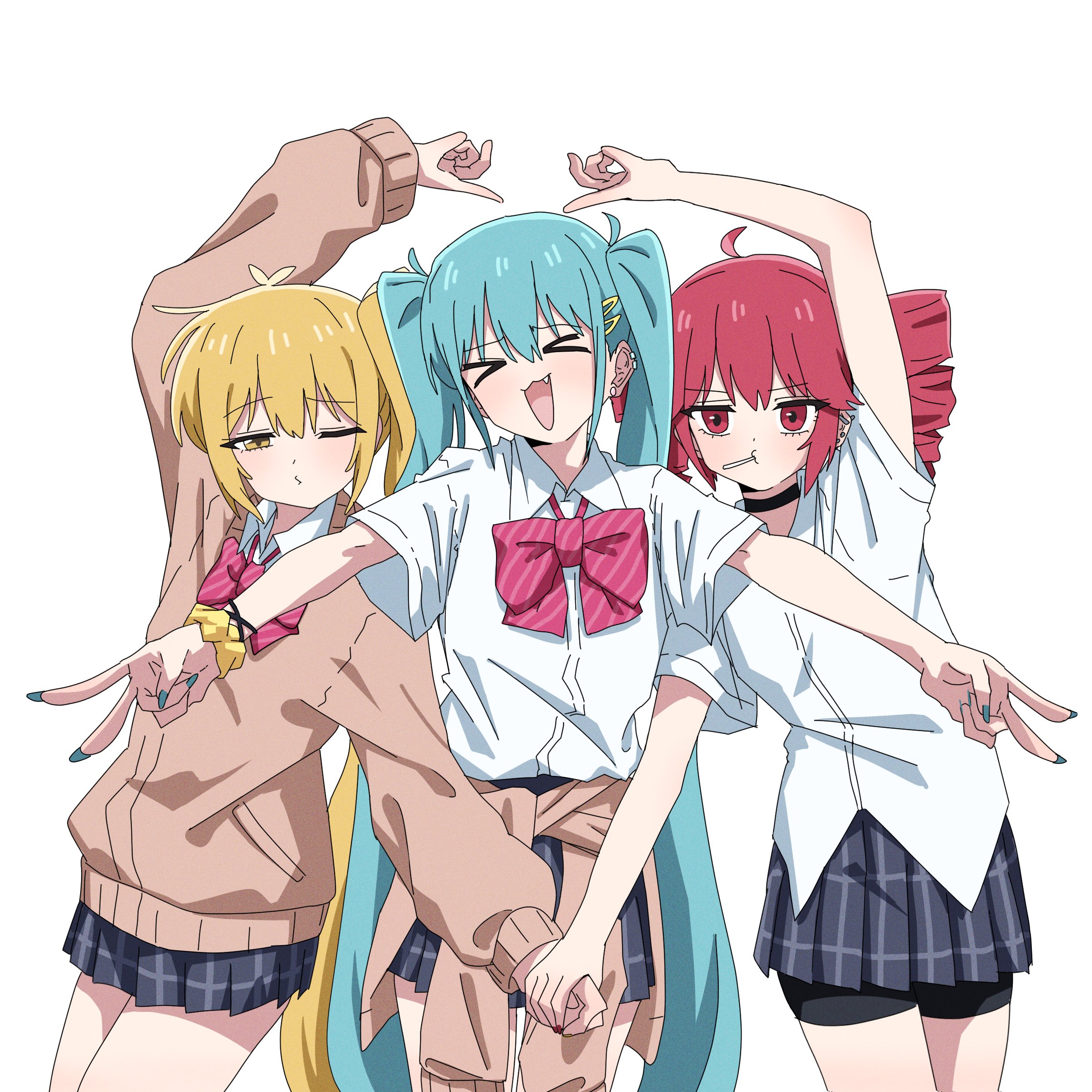 pan (ryu), akita neru, hatsune miku, kasane teto, triple baka (vocaloid), utau, vocaloid, zako (vocaloid), absurdres, highres, > <, 3girls, aqua hair, arm up, black choker, black shorts, black skirt, blonde hair, bow, bowtie, brown jacket, brown sweater, choker, closed eyes, clothes around waist, drill hair, earrings, fang, hair ornament, jacket, jewelry, long sleeves, multiple girls, one eye closed, open mouth, red bow, red bowtie, red hair, school uniform, shirt, short sleeves, shorts, side ponytail, skirt, sweater, sweater jacket, twin drills, twintails, white background, white shirt, yellow eyes