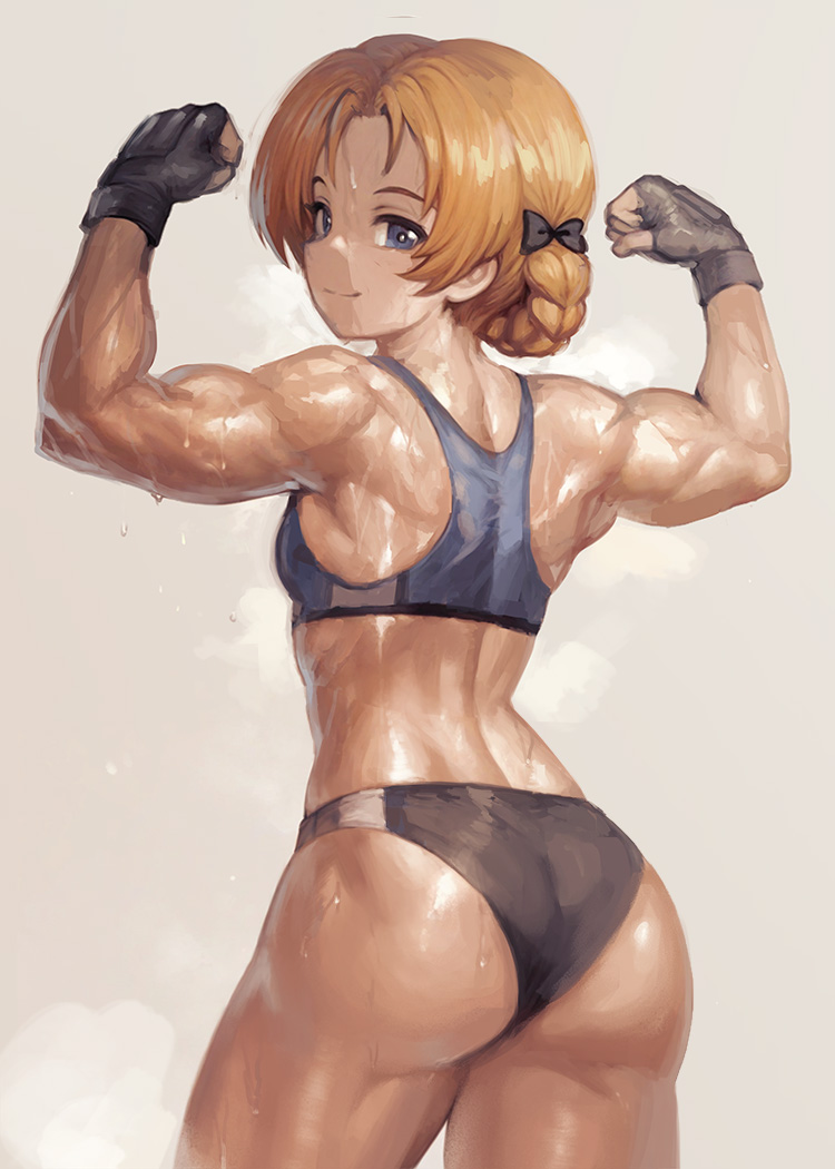 yilx, orange pekoe (girls und panzer), girls und panzer, commentary, 1girl, ass, back, black buruma, blue eyes, braid, buruma, closed mouth, double biceps pose, fingerless gloves, flexing, from behind, gloves, grey background, grey sports bra, looking at viewer, looking back, muscular, muscular female, orange hair, parted bangs, short hair, simple background, smile, solo, sports bikini, sports bra, standing, steam, sweat, twin braids