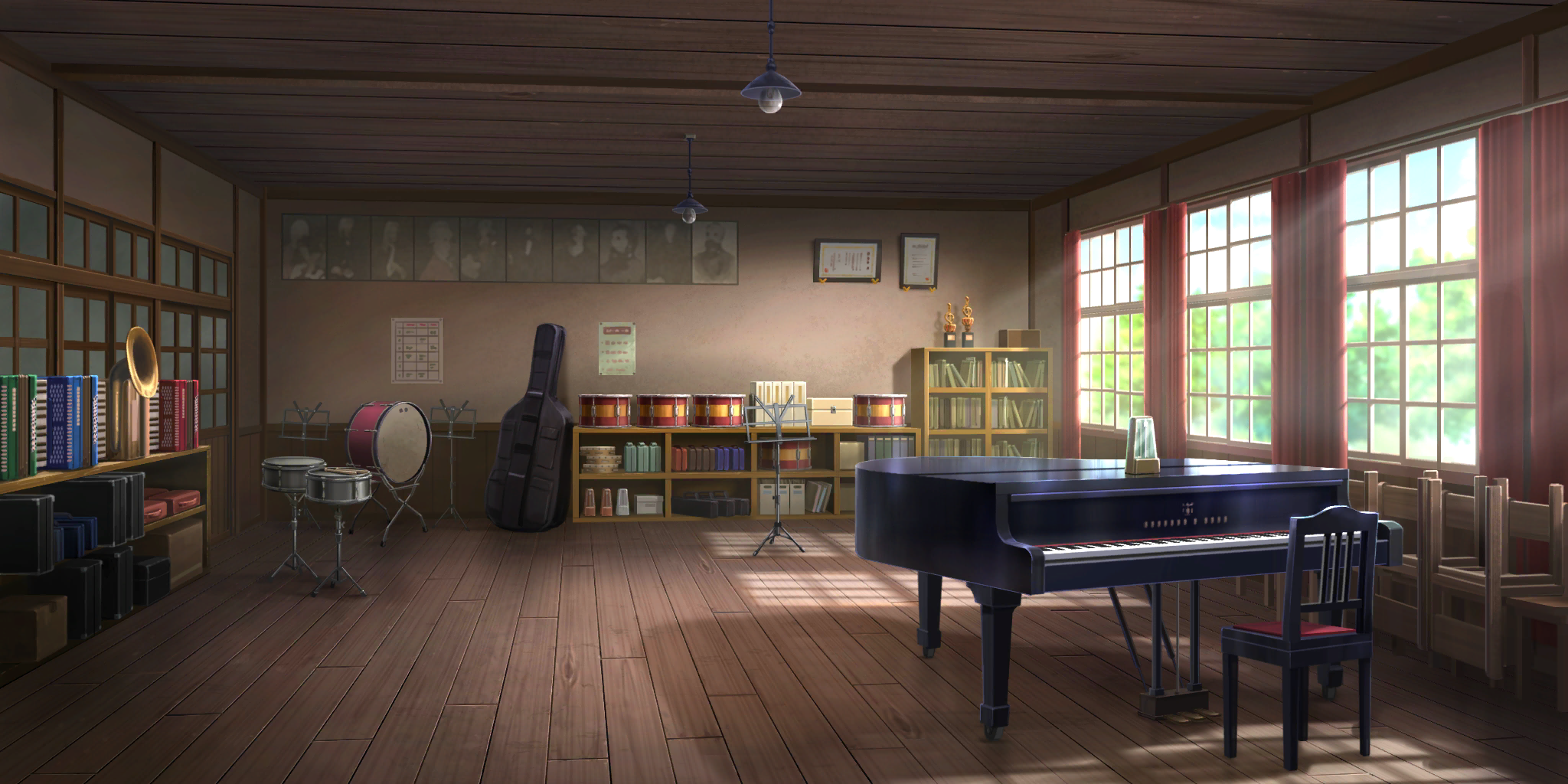 franz schubert, johann sebastian bach, ludwig van beethoven, pyotr illyich tchaikovsky, wolfgang amadeus mozart, touhou, touhou lostword, artist request, game cg, highres, third-party source, accordion, antonio vivaldi, chair, curtains, day, drum, drumsticks, george frideric handel, georges bizet, grand piano, indoors, instrument, instrument case, johannes brahms, metronome, music stand, no humans, piano, scenery, tambourine, trophy, window, wooden floor