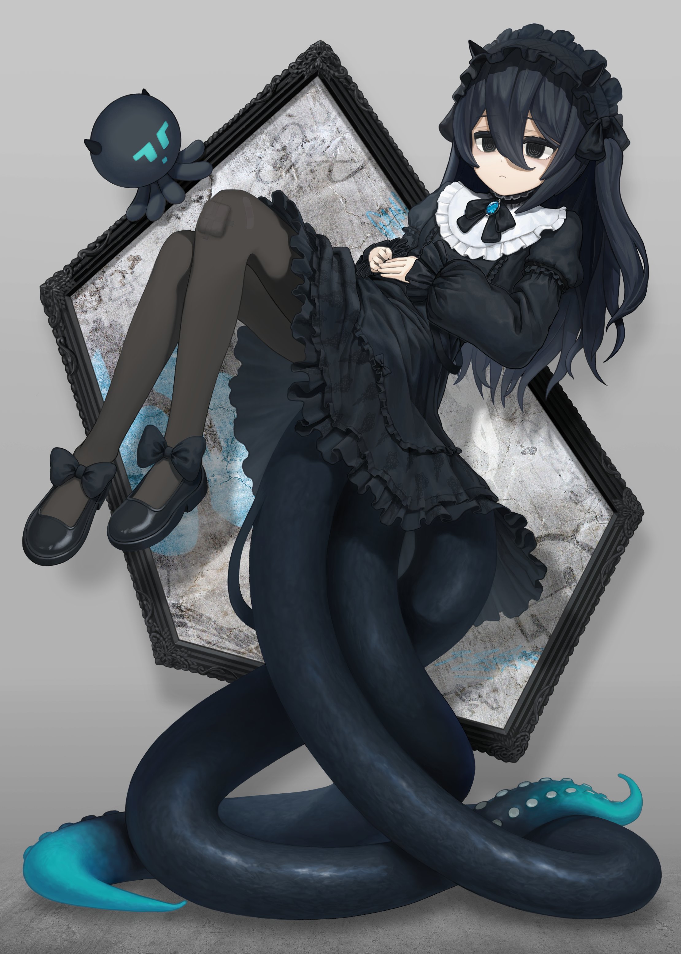 iren krkt, yamata ia, indie virtual youtuber, absurdres, hashtag-only commentary, highres, 1girl, bandaid, bandaid on leg, black bow, black dress, black eyes, black hair, black hairband, black pantyhose, black shoes, bow, closed mouth, dress, frilled dress, frills, gauze on knee, gothic lolita, hair between eyes, hairband, horns, lolita fashion, lolita hairband, long hair, long sleeves, own hands together, pantyhose, ringed eyes, shoes, tentacles, virtual youtuber