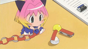 potemayo (character), potemayo, tombow mono, animated, animated gif, anime screenshot, lowres, 00s, 1girl, animal ears, baby animal, bird, brand name imitation, chick, eraser, female focus, glue, gradient hair, green eyes, multicolored hair, paper, production line, solo