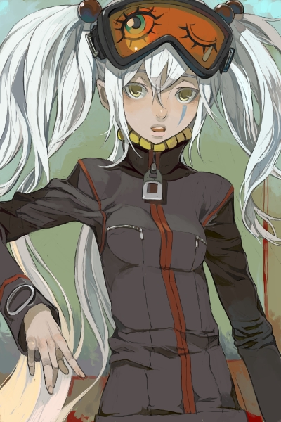 fakepucco, yurine, yurine (karas), karas, 00s, 1girl, facepaint, facial mark, female focus, goggles, jacket, long hair, one eye closed, open mouth, solo, tattoo, teardrop tattoo, tears, twintails, very long hair, white hair, wink, yellow eyes, zipper