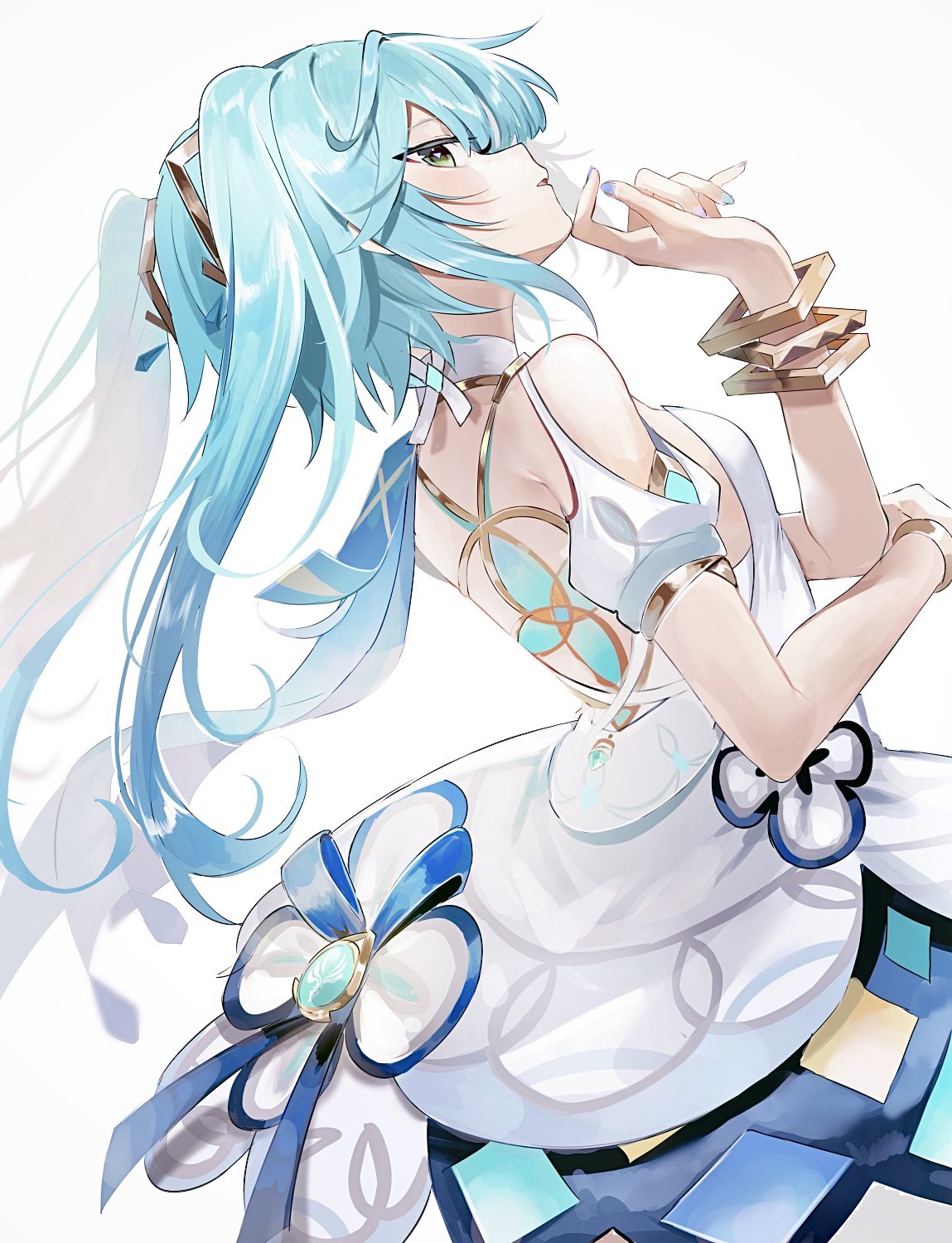 yoko (nz g), faruzan (genshin impact), genshin impact, highres, revision, 1girl, aqua hair, aqua nails, bangle, bare shoulders, blue nails, bracelet, breasts, dress, from side, green eyes, hair ornament, hand on own chin, jewelry, long hair, multicolored hair, multicolored nails, multicolored skirt, open mouth, short sleeves, sideboob, skirt, small breasts, solo, streaked hair, symbol-shaped pupils, triangle-shaped pupils, vision (genshin impact), white background, white dress
