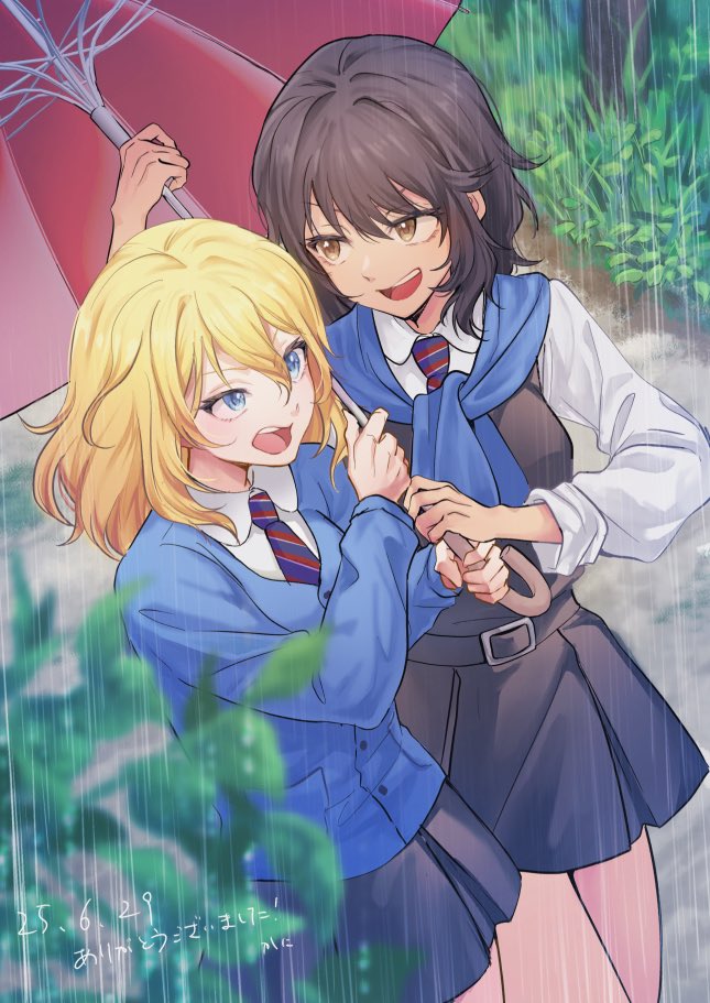 kani aruki (bucket crawl), andou (girls und panzer), oshida (girls und panzer), girls und panzer, commentary, commission, skeb commission, 2girls, bc freedom school uniform, black dress, black hair, blonde hair, blue cardigan, blue eyes, blue necktie, brown eyes, cardigan, dark-skinned female, dark skin, dated, dress, dress shirt, frown, holding, holding umbrella, long sleeves, medium hair, messy hair, multiple girls, necktie, open mouth, outdoors, pinafore dress, pleated dress, rain, school uniform, shared umbrella, shirt, short dress, sleeveless, sleeveless dress, smile, sweater around neck, umbrella, white shirt, wing collar