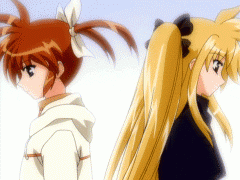 fate testarossa, takamachi nanoha, lyrical nanoha, mahou shoujo lyrical nanoha, animated, animated gif, anime screenshot, lowres, 00s, 2girls, blonde hair, multiple girls