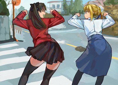 b suke, artoria pendragon (fate), saber (fate), tohsaka rin, blood+, fate/stay night, fate (series), black legwear, animated, animated gif, lowres, 2girls, ass shake, multiple girls, pantyhose, parody, thighhighs, zettai ryouiki