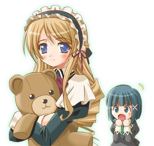 shiumai, byakudan kagome, tsukidate chiyo, strawberry panic!, lowres, 00s, 2girls, ^^^, black hair, blonde hair, blue eyes, blush, gothic lolita, lolita fashion, long hair, maid headdress, multiple girls, no nose, open mouth, oshibaru, short hair, smile, stuffed animal, stuffed toy