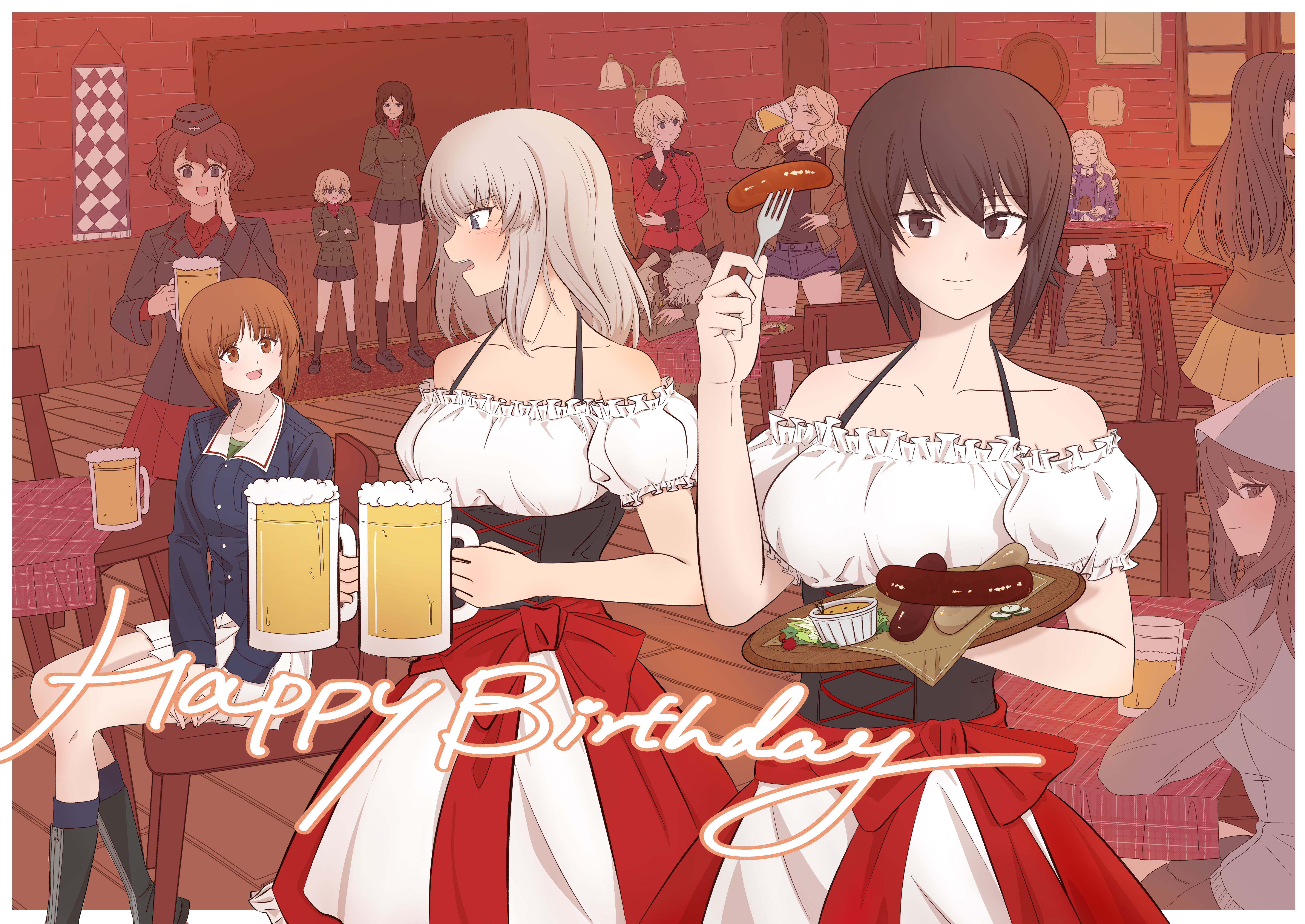 nekounko, akaboshi koume, anchovy (girls und panzer), darjeeling (girls und panzer), itsumi erika, katyusha (girls und panzer), kay (girls und panzer), marie (girls und panzer), mika (girls und panzer), nishi kinuyo, nishizumi maho, nishizumi miho, nonna (girls und panzer), girls und panzer, absurdres, commentary, highres, symbol-only commentary, 6+girls, :d, alcohol, anzio military uniform, apron, back, bar (place), barmaid, bavarian flag, bc freedom military uniform, beer, beer mug, birthday, black jacket, black shirt, blonde hair, blue eyes, blue shorts, blush, boots, bow, breasts, brown eyes, brown hair, chair, chi-hatan military uniform, cleavage, closed eyes, closed mouth, cross, crossed arms, cup, dessert, detached sleeves, dirndl, dress, drill hair, drinking, food, fork, frown, garrison cap, german clothes, germany, green hair, grey hair, hair between eyes, hair bow, hair ribbon, hand on own arm, happy birthday, hat, head on arm, holding, holding cup, holding food, holding fork, indoors, iron cross, jacket, keizoku military uniform, kuromorimine military uniform, large breasts, long hair, looking at another, looking at viewer, looking back, medium breasts, medium hair, miniskirt, mug, multiple girls, navel, ooarai military uniform, open clothes, open jacket, open mouth, pleated skirt, pravda school uniform, red shirt, red star, ribbon, saunders military uniform, sausage, school uniform, shirt, short hair, short sleeves, shorts, siblings, sisters, sitting, skirt, smile, st. gloriana's military uniform, standing, star (symbol), t-shirt, table, track jacket, track suit, tulip hat, twin drills, waitress, white skirt, wooden chair, wooden floor, wooden table, yellow skirt