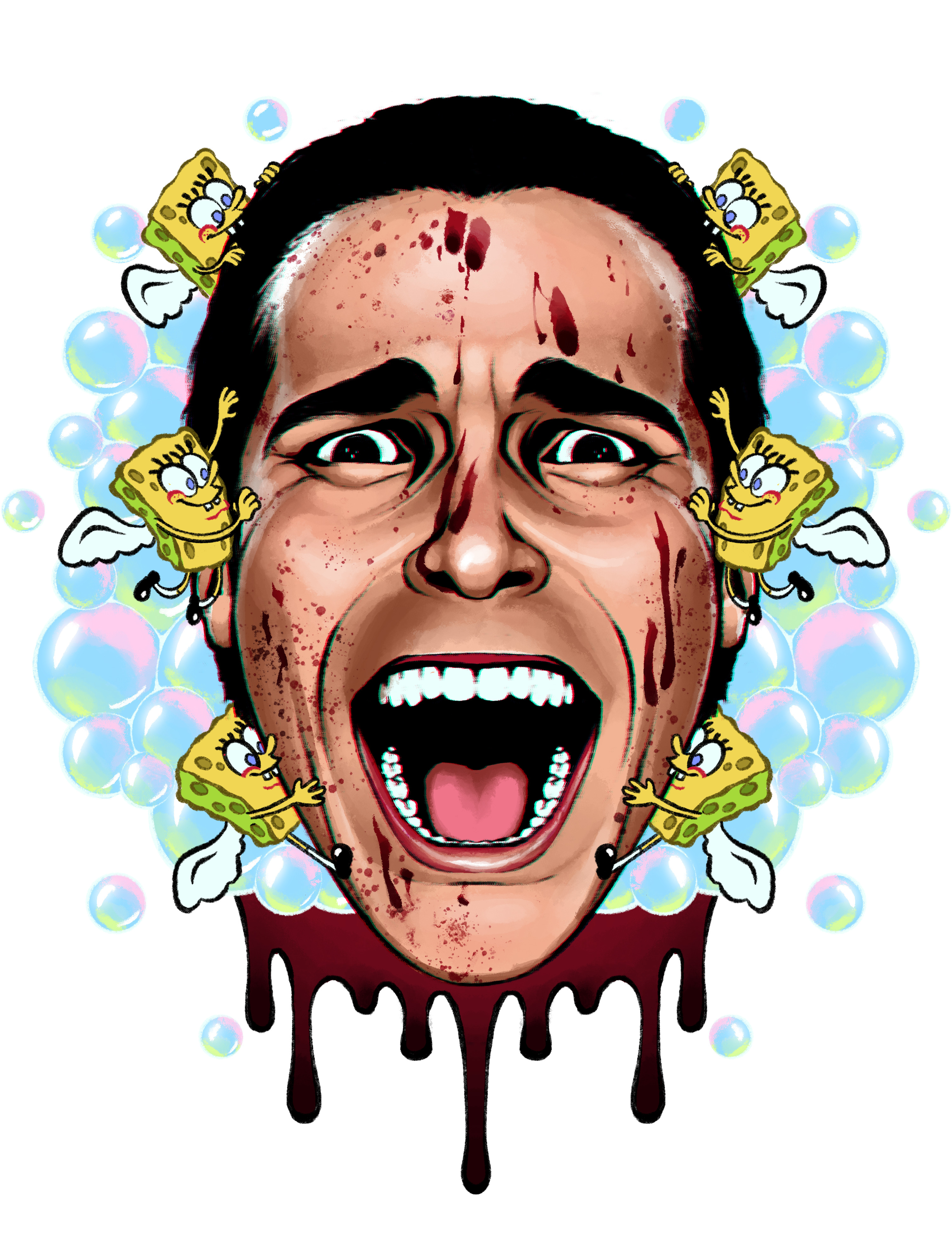 dreamscreep, patrick bateman, spongebob squarepants, american psycho, spongebob squarepants (series), absurdres, derivative work, highres, angel, angel wings, black hair, blood, blood on face, bubble, buck teeth, crossover, eyelashes, hair slicked back, looking at viewer, male focus, mini person, miniboy, open mouth, realistic, simple background, smile, solo focus, teeth, thick eyebrows, toon (style), wings