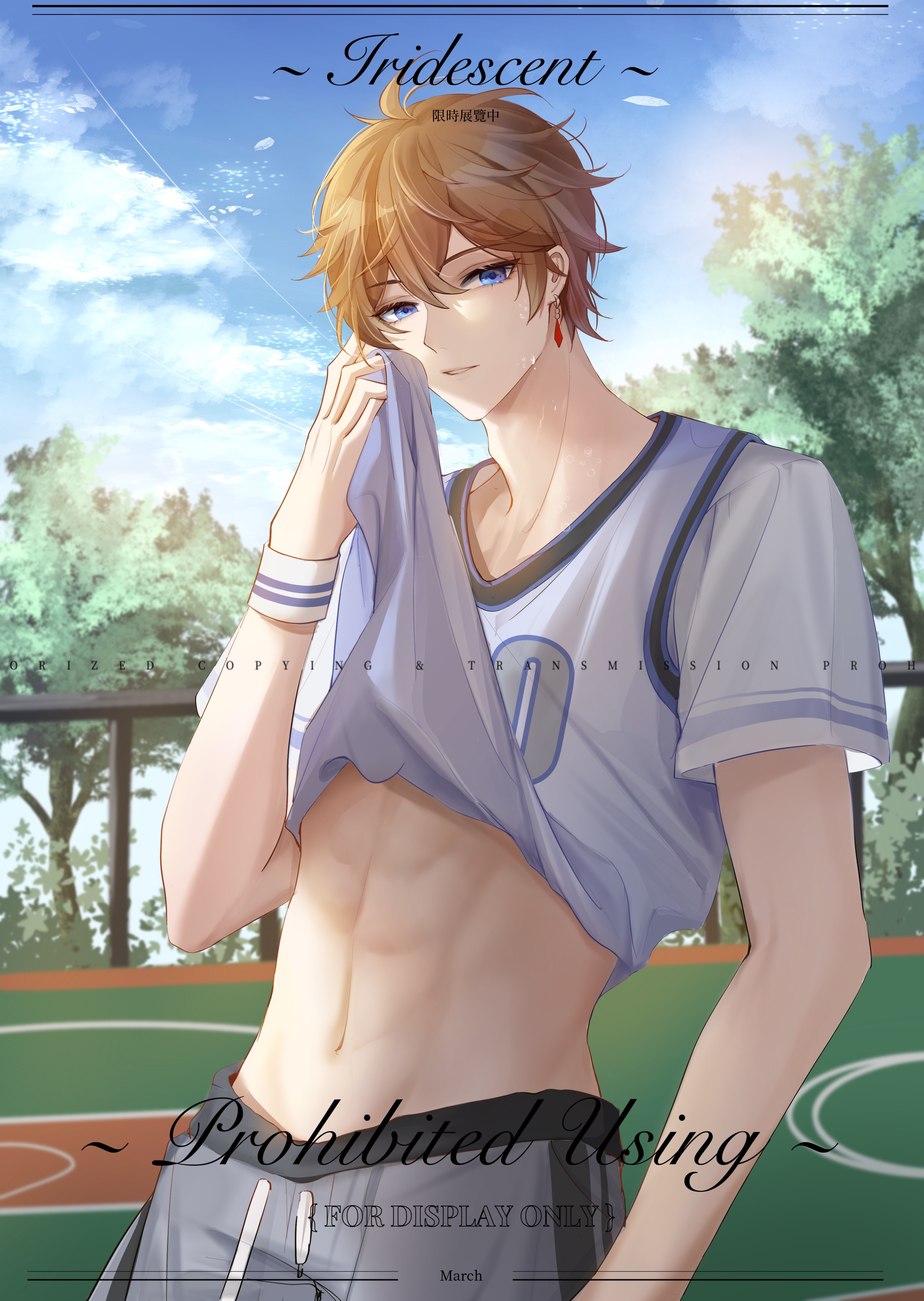 yin01582942, tartaglia (genshin impact), genshin impact, absurdres, commission, highres, 1boy, blue eyes, blue vest, clothes lift, earrings, grey pants, hair between eyes, jewelry, male focus, navel, orange hair, pants, shirt, shirt lift, short hair, single earring, solo, sportswear, stomach, sweatpants, vest, white shirt