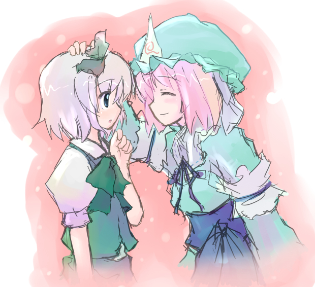 konpaku youmu, saigyouji yuyuko, touhou, silver hair, 2girls, ^ ^, arm garter, blue dress, closed eyes, dress, female focus, frills, from side, green dress, hand on another's head, hat, long sleeves, mob cap, multiple girls, pink hair, profile, puffy short sleeves, puffy sleeves, short hair, short sleeves, triangular headpiece