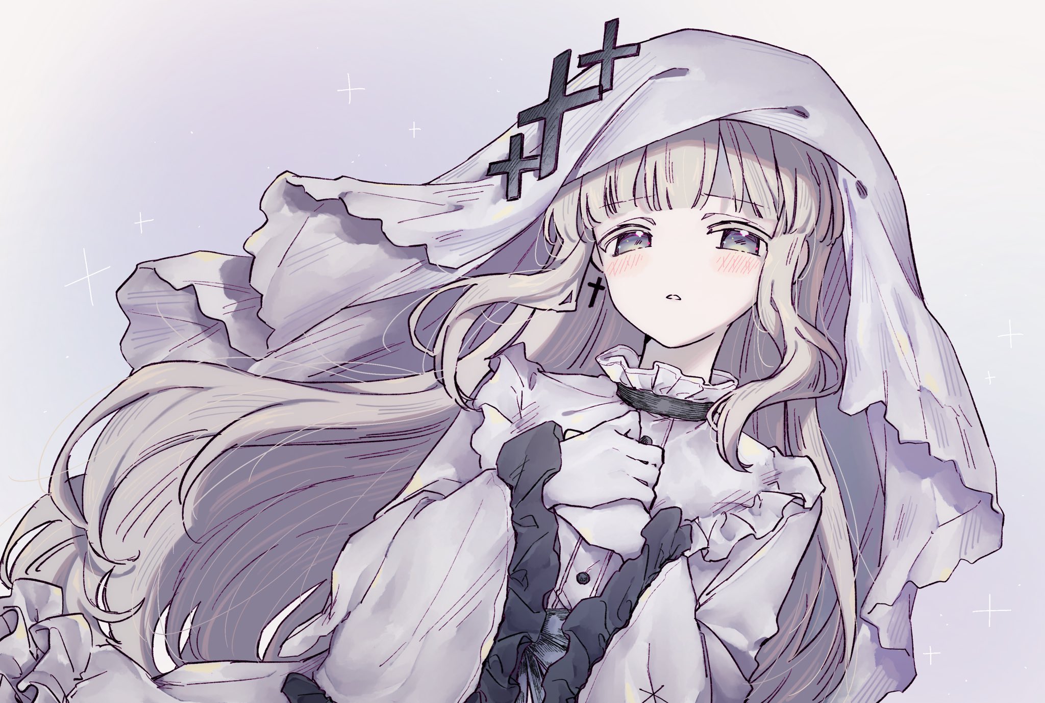 hikami meruru, mahou shoujo no majo saiban, commentary request, highres, 1girl, blonde hair, cross, cross earrings, dress, earrings, frilled dress, frills, gloves, hands on own chest, hime cut, jewelry, long hair, okura 0915, own hands together, parted lips, purple eyes, simple background, solo, upper body, veil, very long hair, white dress, white gloves, white veil
