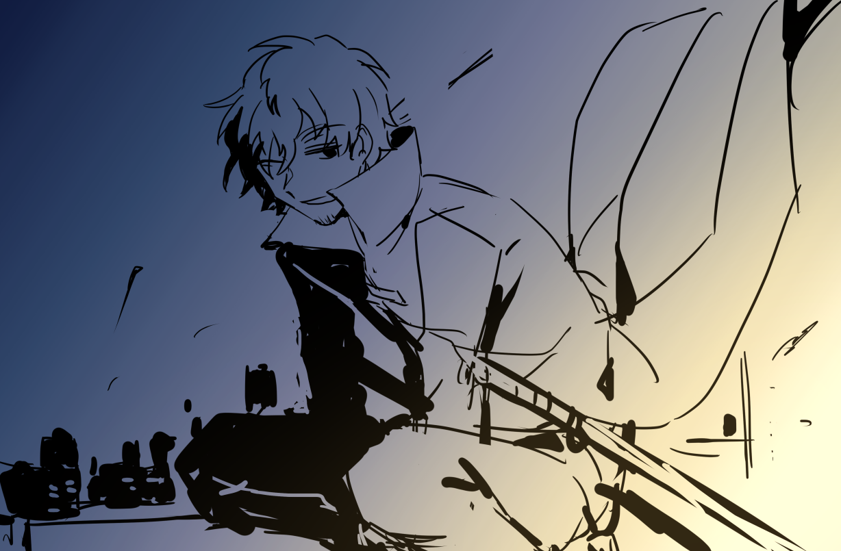 nikame, tachikawa kei, world trigger, cape, facial hair, goatee, open mouth, squatting, sword, weapon, wind