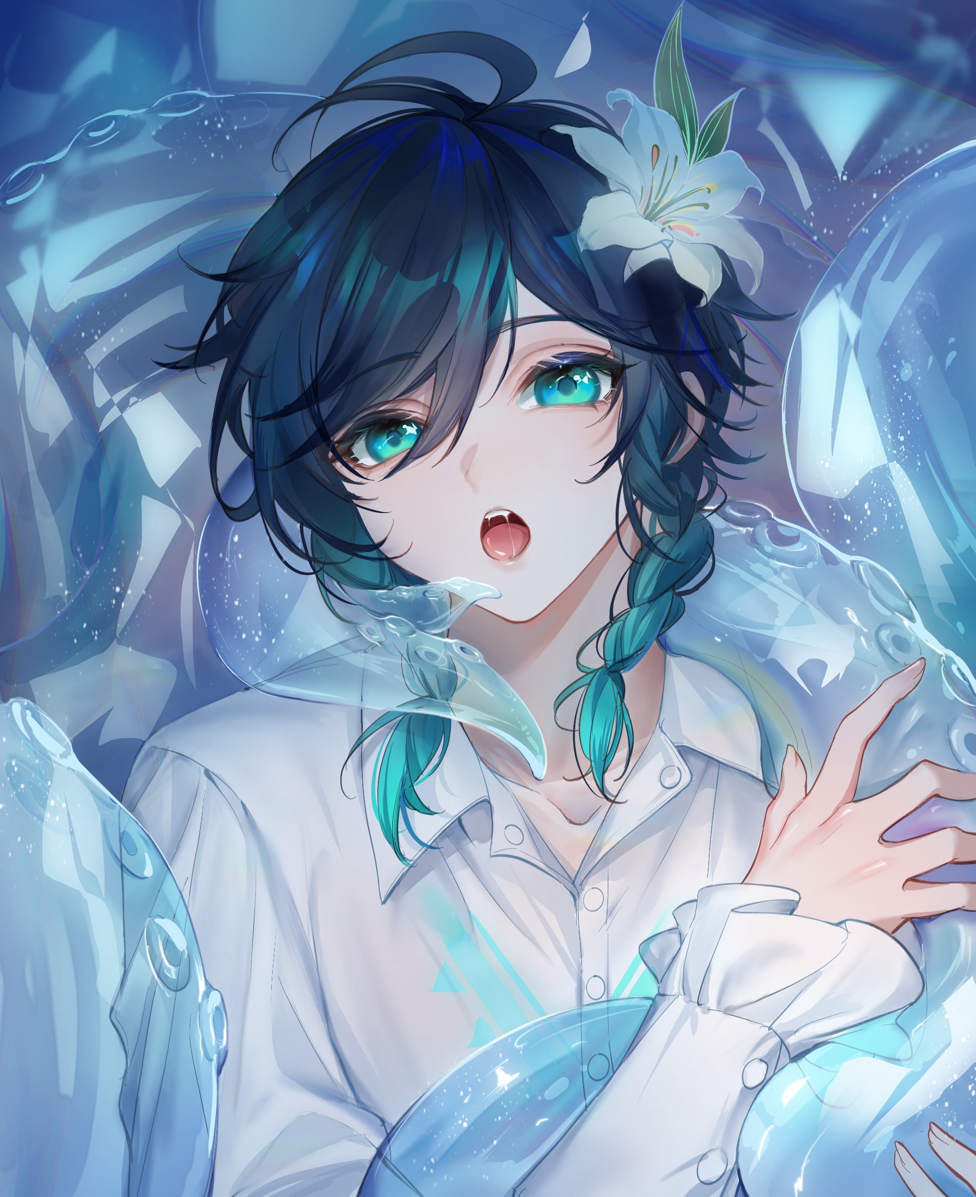 yin01582942, venti (genshin impact), genshin impact, absurdres, highres, 1boy, aqua eyes, aqua hair, black hair, braid, flower, gradient hair, hair flower, hair ornament, long sleeves, looking at viewer, male focus, multicolored hair, open mouth, saliva, shirt, solo, tentacles, tongue, tongue out, twin braids, white shirt