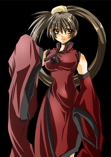 kuradoberi jam, arc system works, guilty gear, 1girl, bare shoulders, brown hair, chinese clothes, covered navel, female focus, long hair, looking to the side, simple background, solo, very long hair, wide sleeves