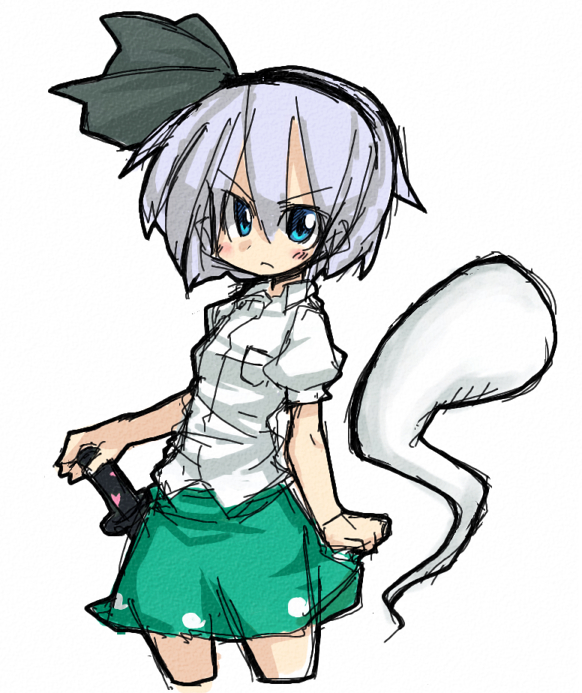 konpaku youmu, konpaku youmu (ghost), touhou, 1girl, female focus, hitodama, katana, sheath, sheathed, sketch, solo, sword, weapon