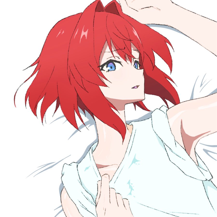 ange katrina, nijisanji, hashtag-only commentary, 1girl, alternate costume, arm up, armpits, bare arms, bare shoulders, blue eyes, clothes pull, collarbone, dutch angle, flat chest, fuji3ki9, furrowed brow, hair intakes, looking at viewer, lying, on back, open mouth, red hair, shiny skin, shirt, shirt pull, short hair, sleeves rolled up, solo, turning head, upper body, virtual youtuber, white shirt