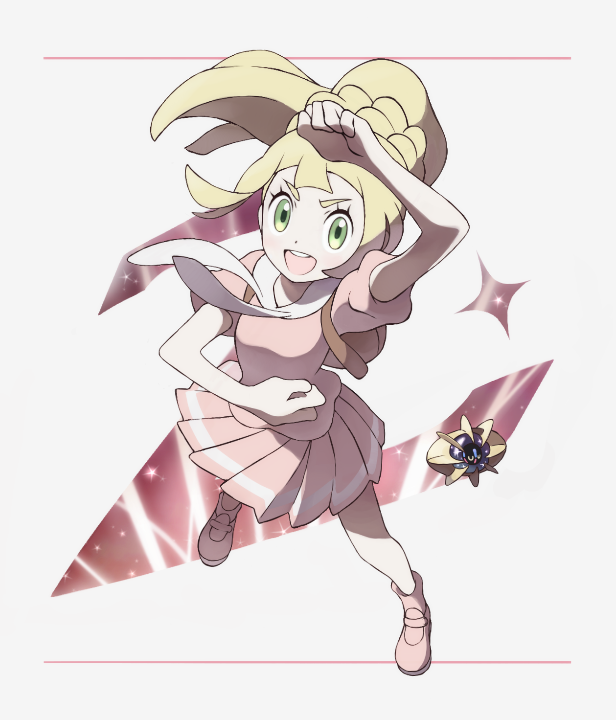 nomura (buroriidesu), cosmoem, lillie (pokemon), nintendo, pokemon, pokemon masters ex, commentary request, highres, 1girl, :d, arm up, blonde hair, closed eyes, eyelashes, full body, gen 7 pokemon, green eyes, legendary pokemon, long hair, official alternate color, official style, open mouth, pink shirt, pink shoes, pink skirt, pokemon (creature), ponytail, shirt, shoes, short sleeves, skirt, smile, standing, teeth, upper teeth only, v-shaped eyebrows, z-move trainer pose