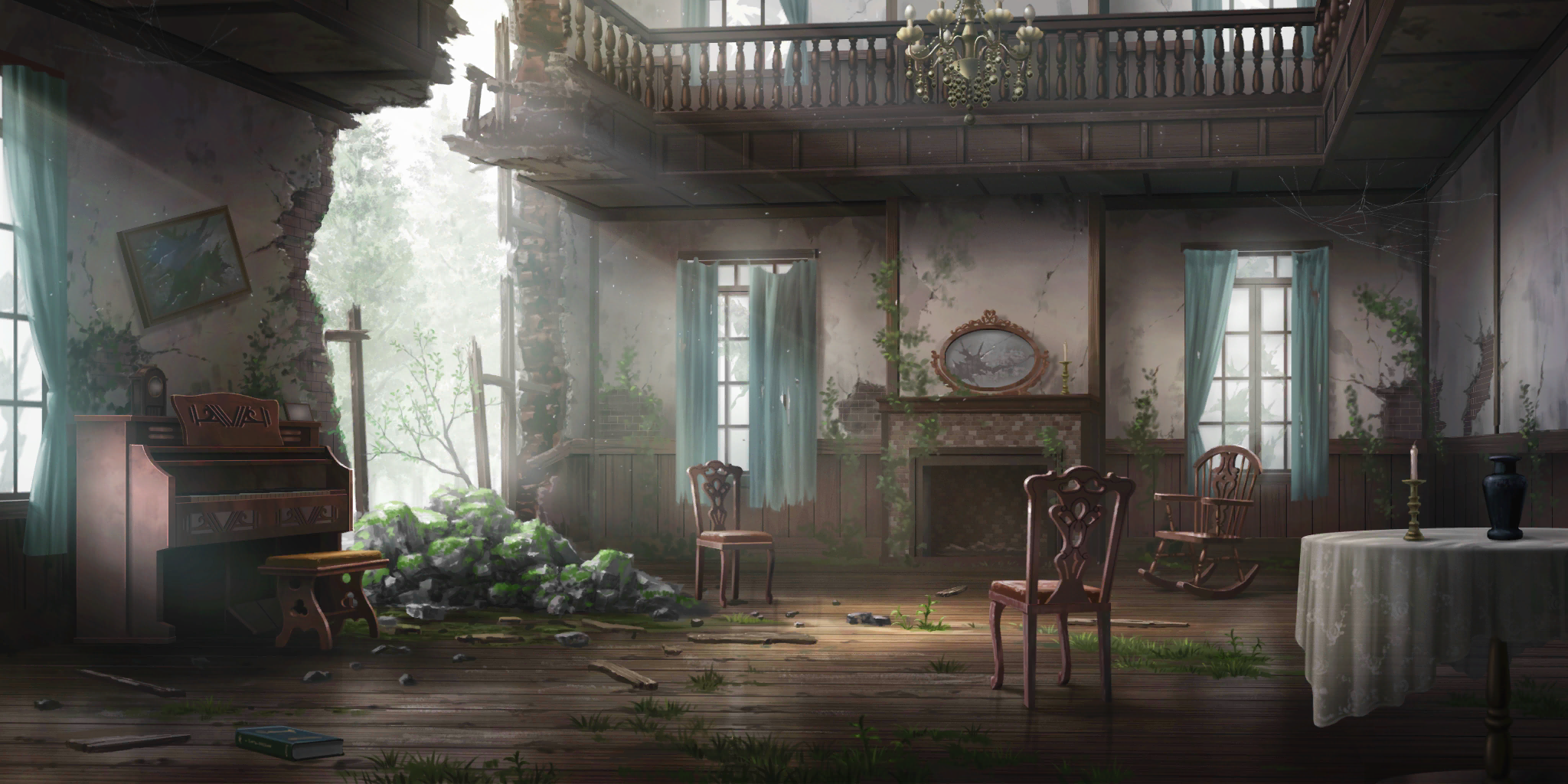 touhou, touhou lostword, artist request, game cg, highres, third-party source, abandoned, book, broken mirror, candle, candlestand, chair, chandelier, clock, curtains, day, dilapidated, fireplace, indoors, instrument, mirror, moss, no humans, organ (instrument), overgrown, plant, rocking chair, scenery, silk, spider web, sunlight, table, tablecloth, vase, vines, window, wooden floor