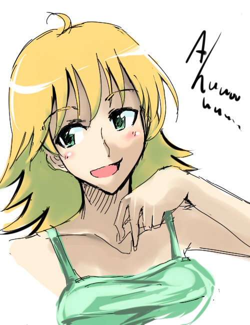 cosaten, hoshii miki, idolmaster, idolmaster (classic), idolmaster 1, 00s, 1girl, :d, ahoge, blonde hair, collarbone, female focus, green hair, green shirt, long hair, looking to the side, open mouth, shirt, smile, solo