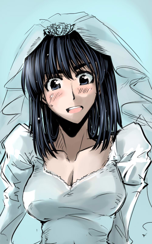 cosaten, suou mikoto (school rumble), school rumble, 00s, 1girl, black eyes, blue hair, blush, breasts, bridal veil, bride, dress, female focus, large breasts, looking at viewer, short hair, solo, sweatdrop, veil, wedding dress