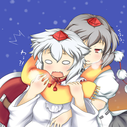 konata gazel, nanatsuhane, inubashiri momiji, shameimaru aya, touhou, 2girls, albino, female focus, hat, multiple girls, red eyes, scarf, shared clothes, shared scarf, snow, snowing, white hair