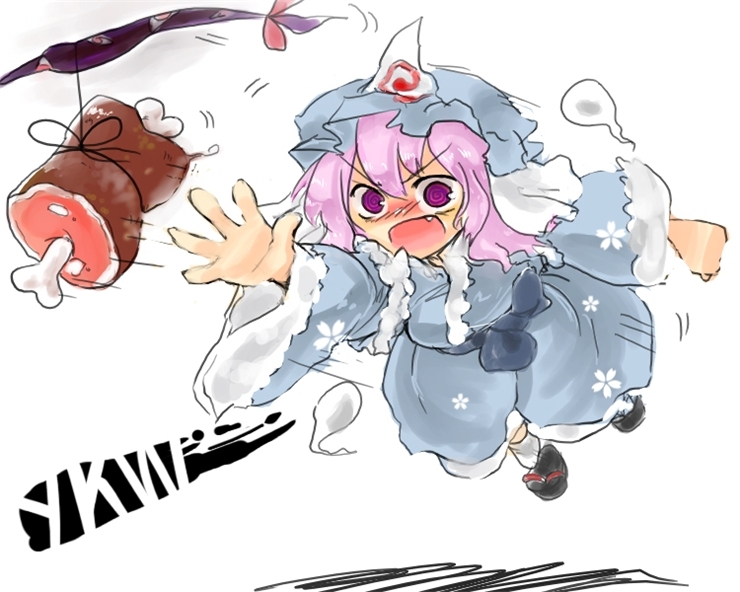 saigyouji yuyuko, touhou, 1girl, boned meat, dress, female focus, food, full body, gap (touhou), hat, meat, mob cap, solo, white background
