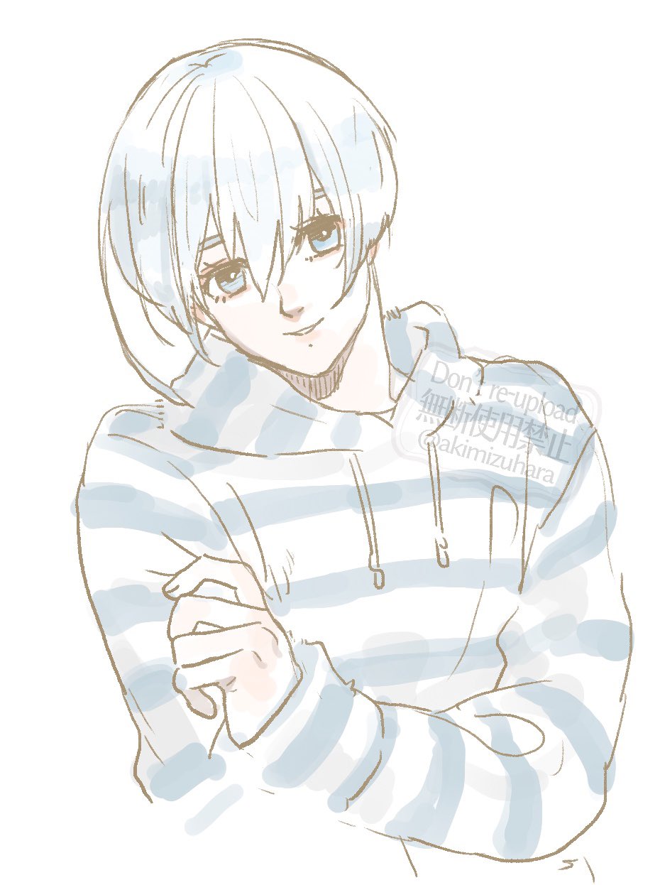 mizuhara aki, you hiori, blue lock, highres, 1boy, blue eyes, blue hair, closed mouth, eyelashes, girly boy, hair between eyes, hood, hoodie, long sleeves, looking at viewer, male focus, short hair, simple background, smile, solo, striped clothes, striped hoodie, twitter username, upper body, white background