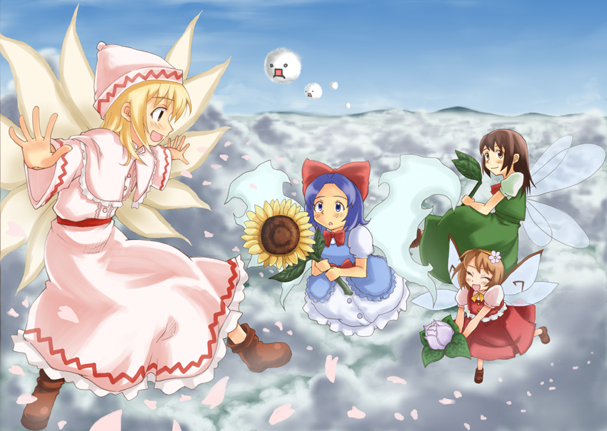 kusogappa, kedama (touhou), lily white, sunflower fairy (touhou), touhou, 4girls, ^ ^, above clouds, blonde hair, blouse, blue hair, brown hair, cherry blossoms, closed eyes, cloud, fairy, female focus, flower, flying, frilled vest, frills, hat, mountain, multiple girls, open mouth, outdoors, petals, shirt, sky, sunflower, vest, white shirt, wings
