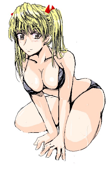 cosaten, sawachika eri, school rumble, 00s, 1girl, arm support, bikini, black bikini, blonde hair, bow, breasts, cleavage, collarbone, female focus, hair bow, long hair, looking at viewer, simple background, solo, swimsuit, twintails, white background, yellow eyes