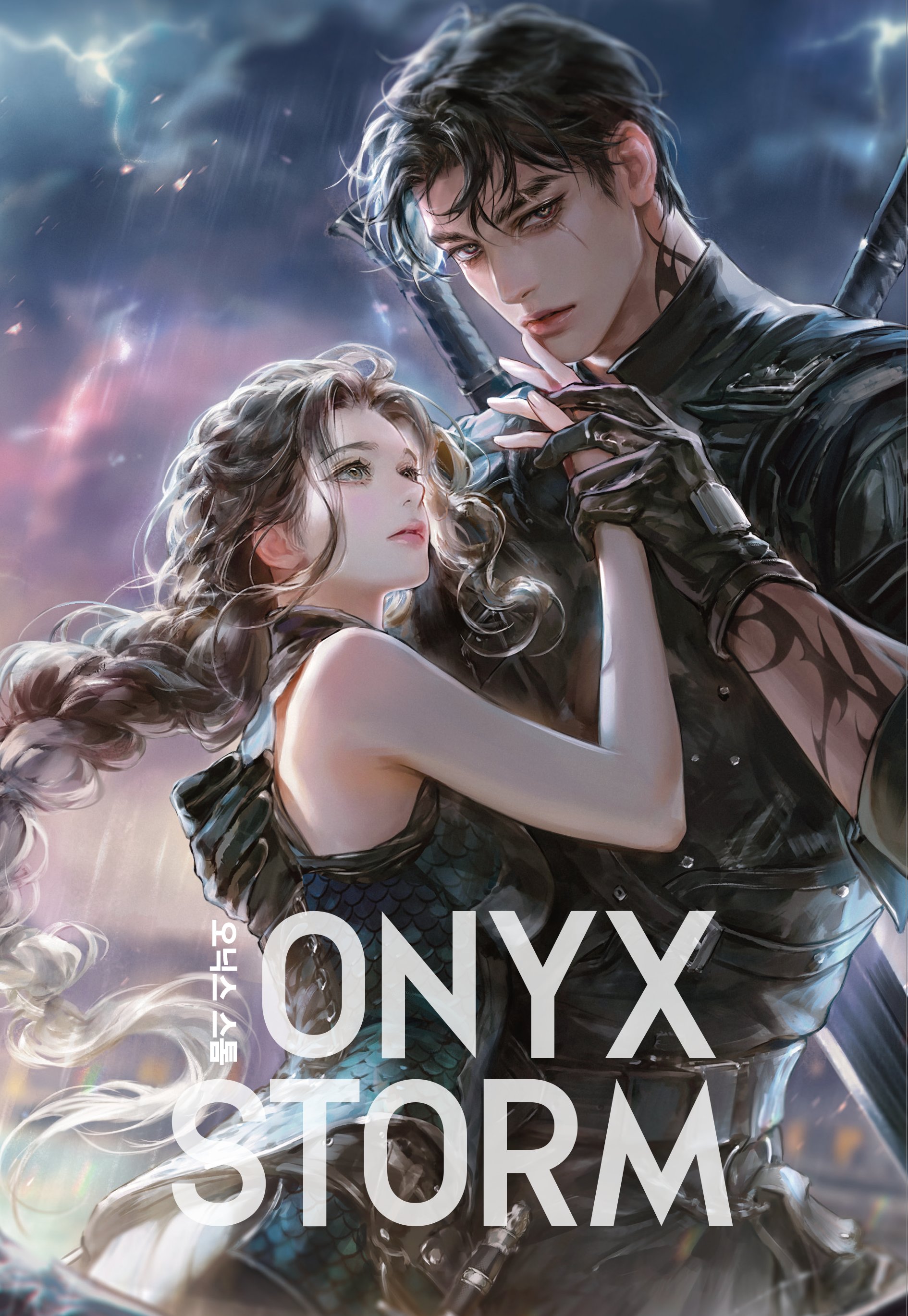 bm94199, original, absurdres, highres, 1boy, 1girl, bare shoulders, cover, cover page, curly hair, green eyes, long hair, novel cover, pink lips, scar
