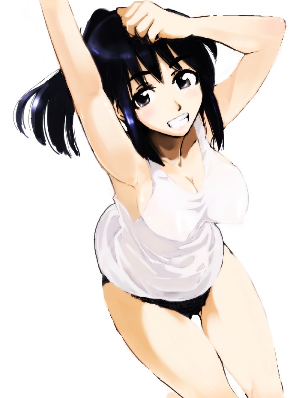 cosaten, suou mikoto (school rumble), school rumble, 00s, 1girl, armpits, arms up, female focus, grin, ponytail, smile, solo, thigh gap